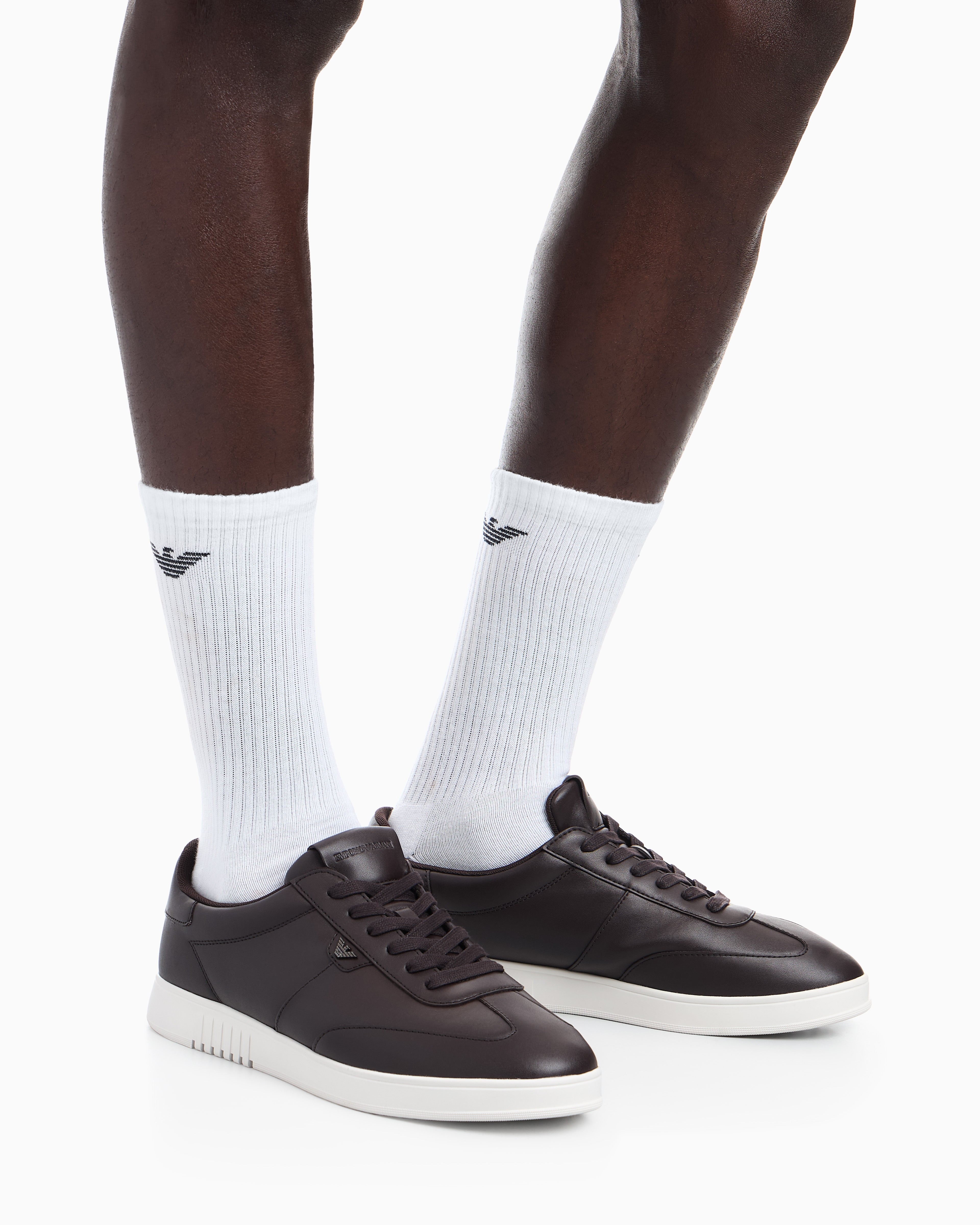 Emporio Armani Leather Sneakers With Eagle Plate Brown