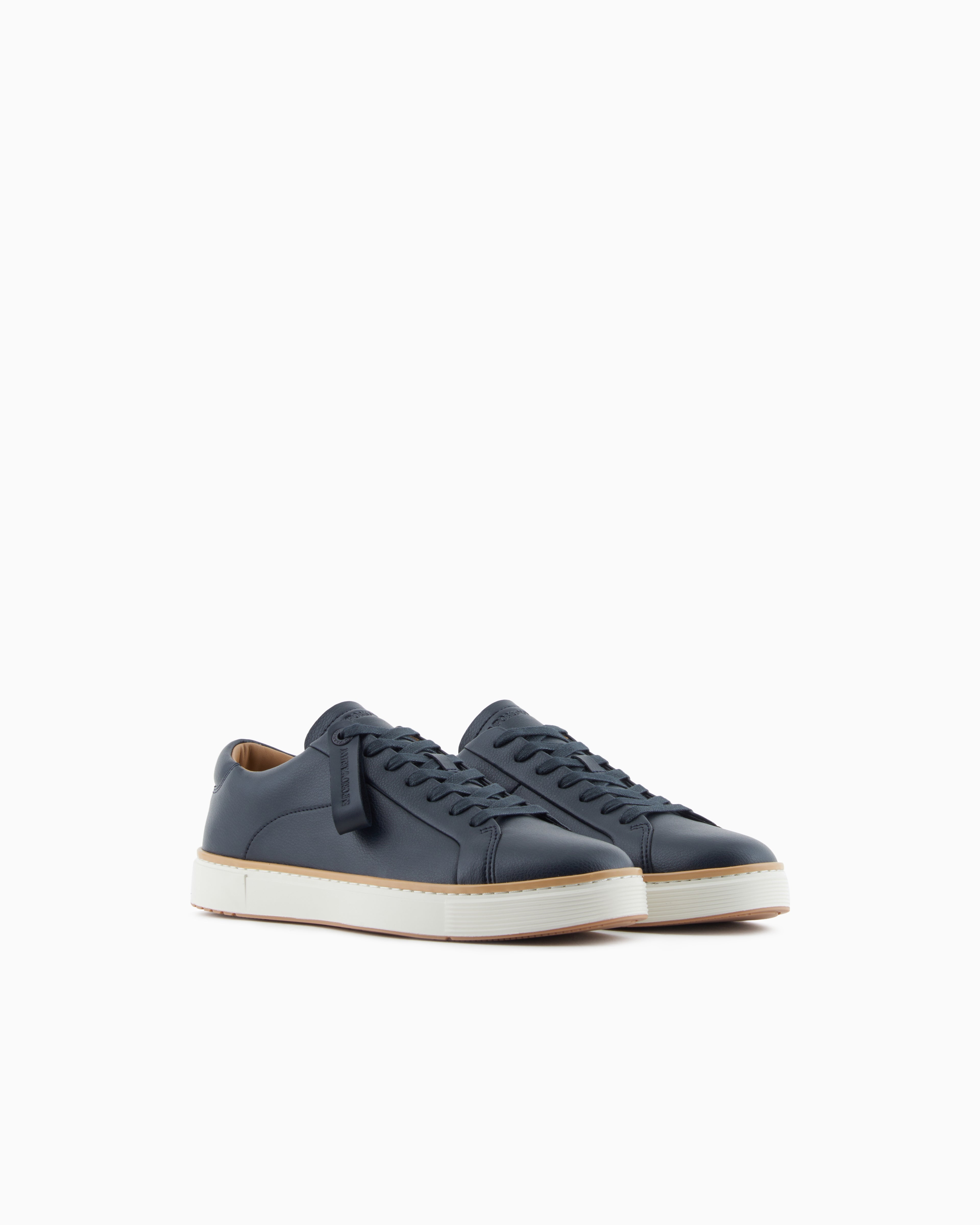 Emporio Armani Leather Sneakers With A Contrasting Welt Navy Blue