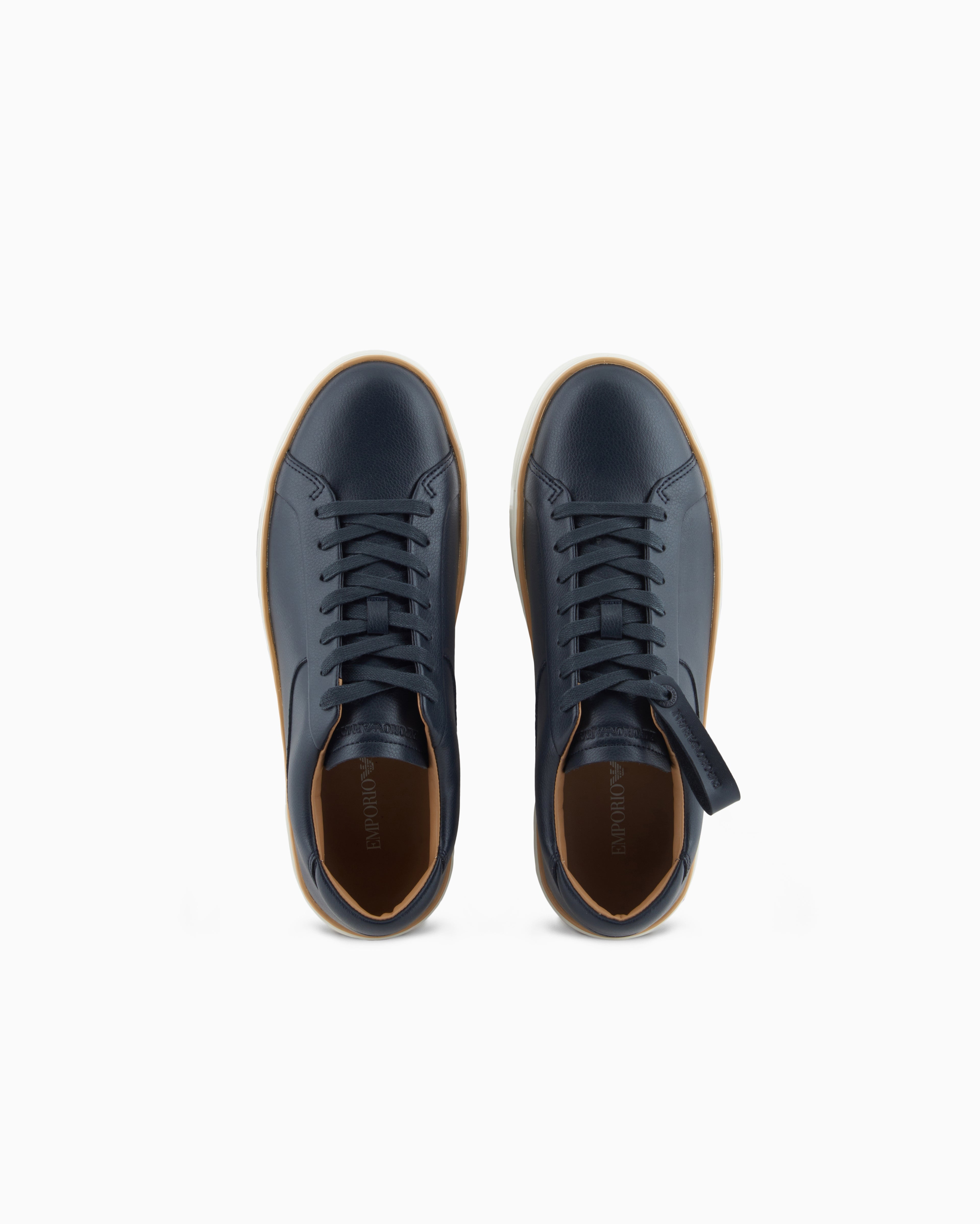 Emporio Armani Leather Sneakers With A Contrasting Welt Navy Blue