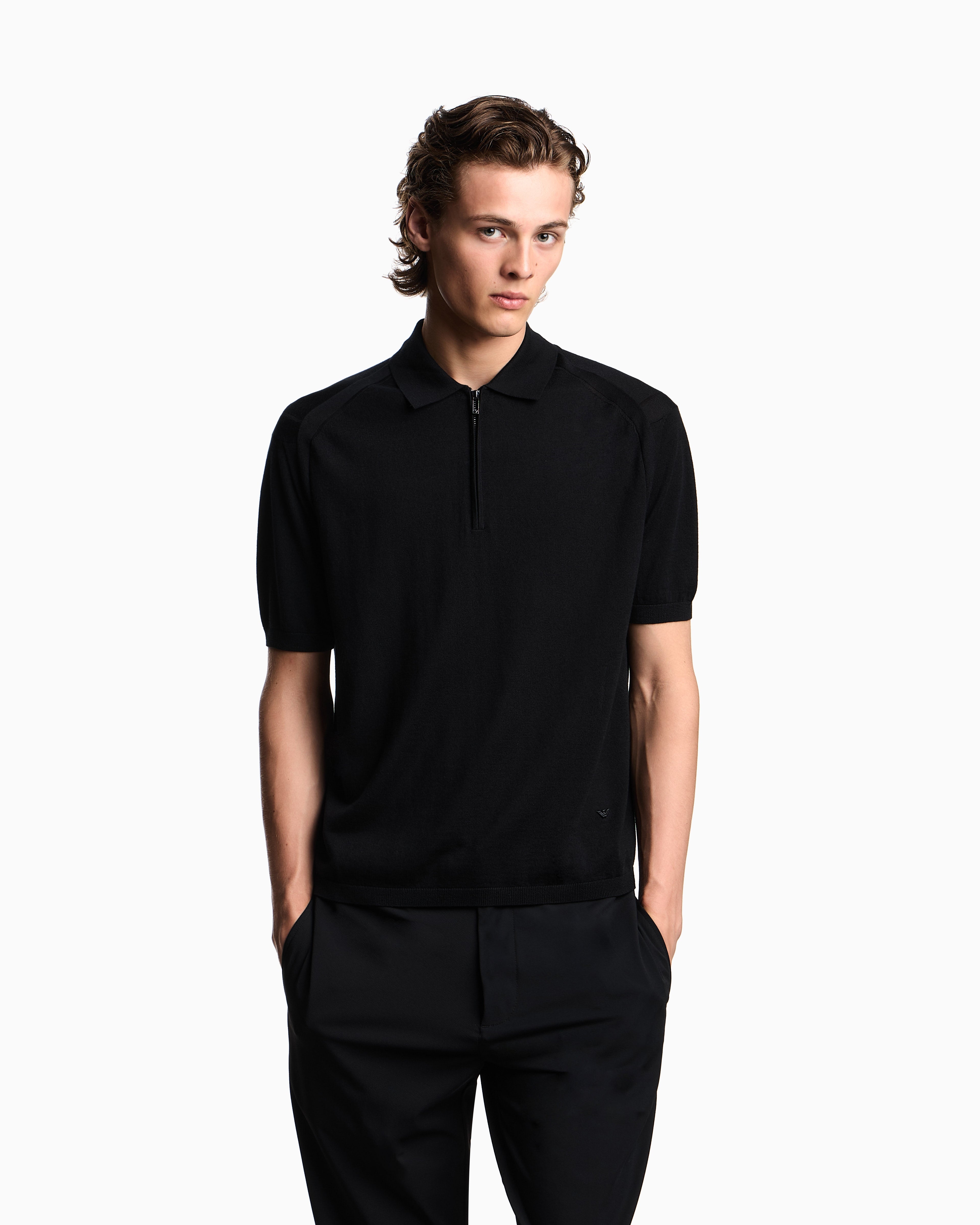 Emporio Armani ASV plain-knit jumper with polo-shirt collar, in a wool and Lyocell blend