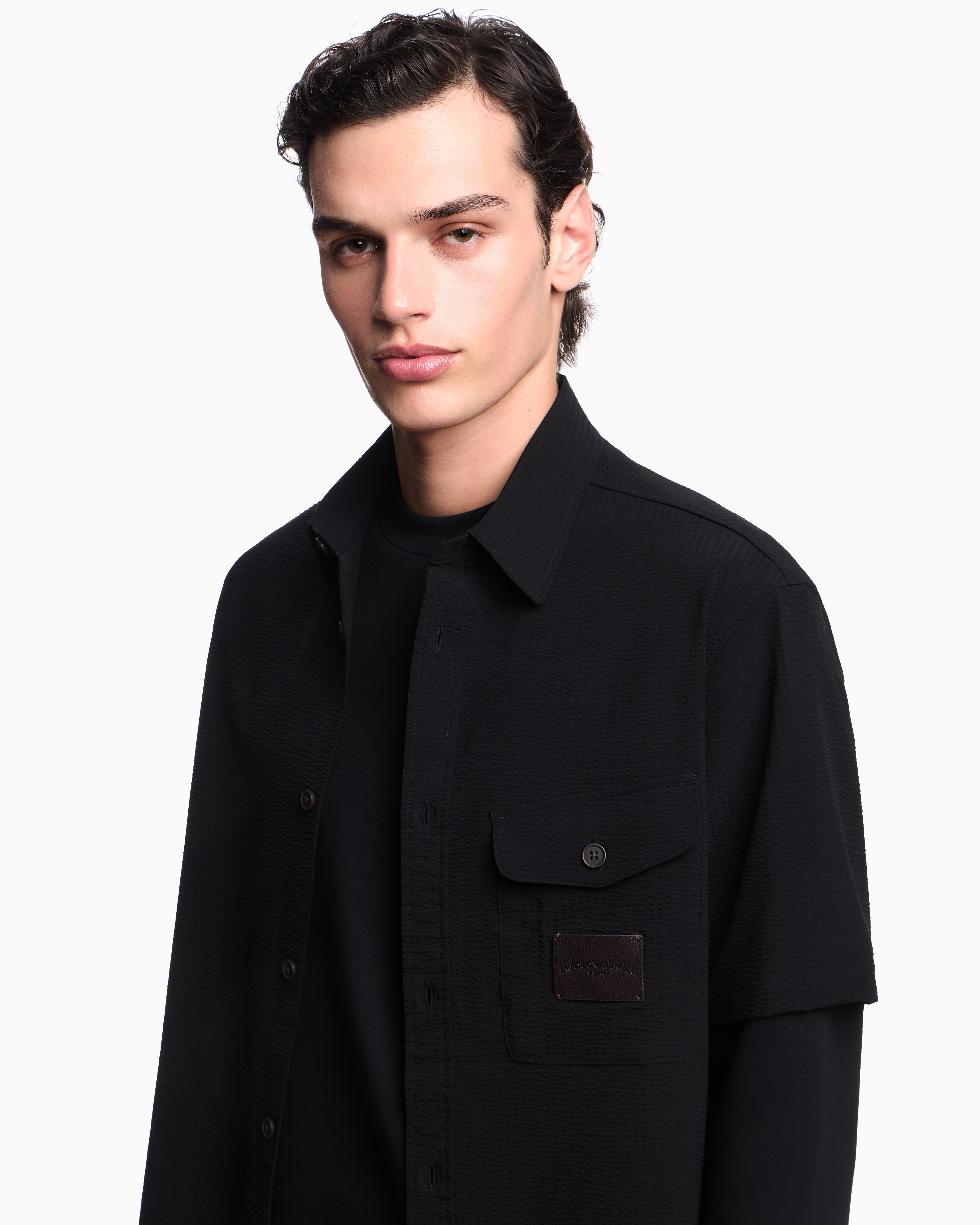 Emporio Armani Short-sleeved oversized shirt in nylon seersucker