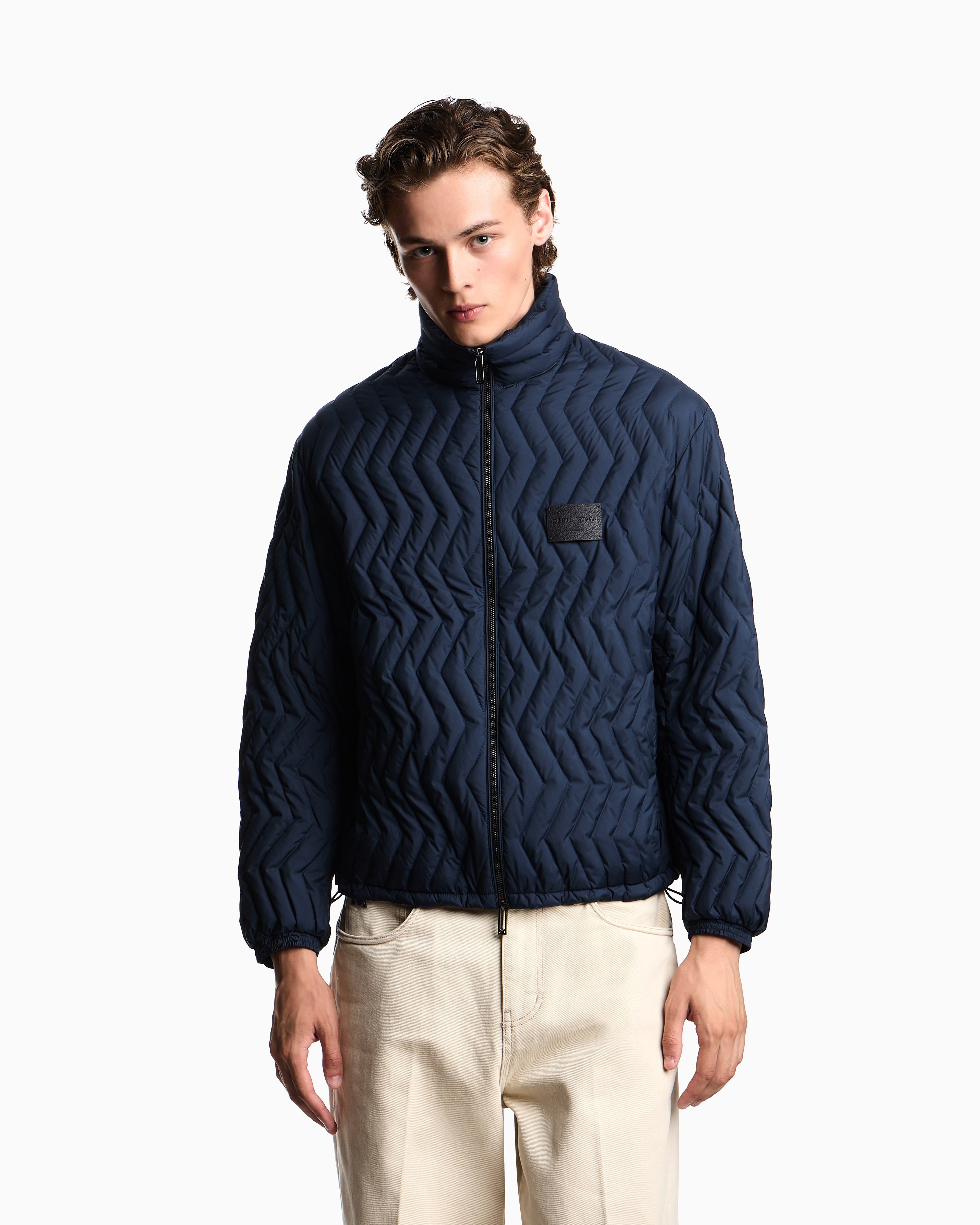 Emporio Armani Full-zip down jacket in chevron quilted ripstop nylon