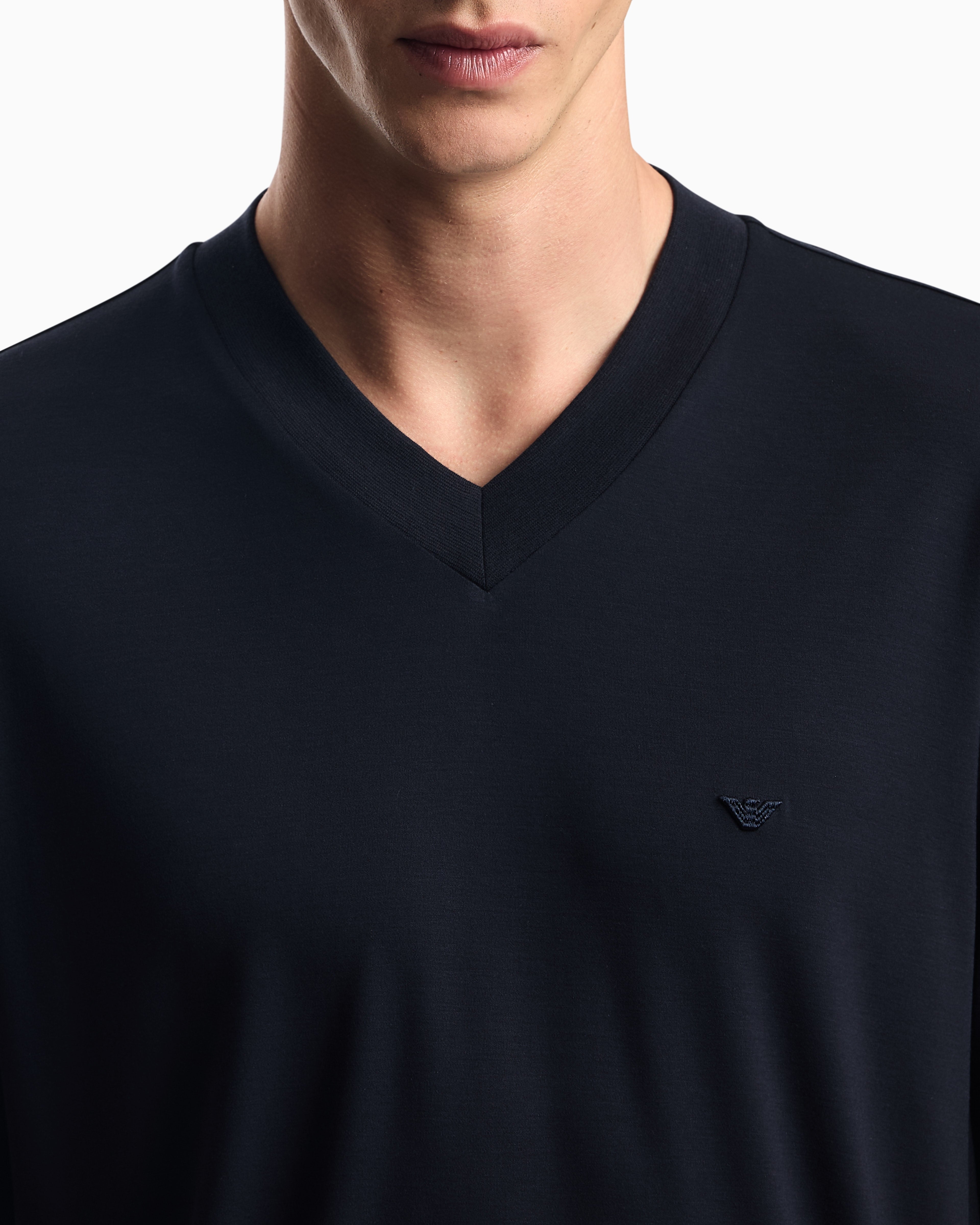 Emporio Armani Modal jersey V-neck T-shirt with micro eagle embroidery