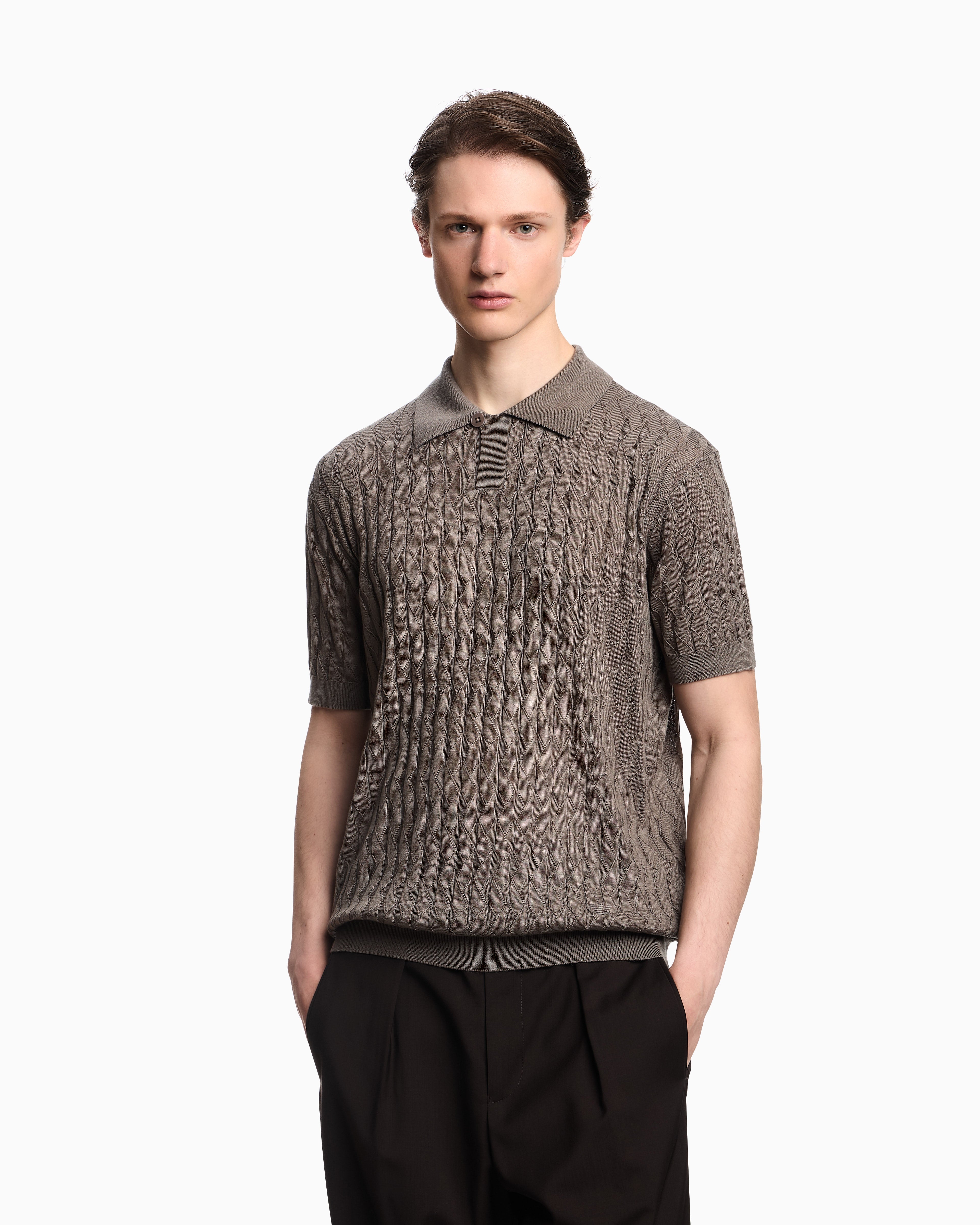 Emporio Armani ASV Lyocell-blend jumper with polo-shirt collar in an embossed, patterned stitch