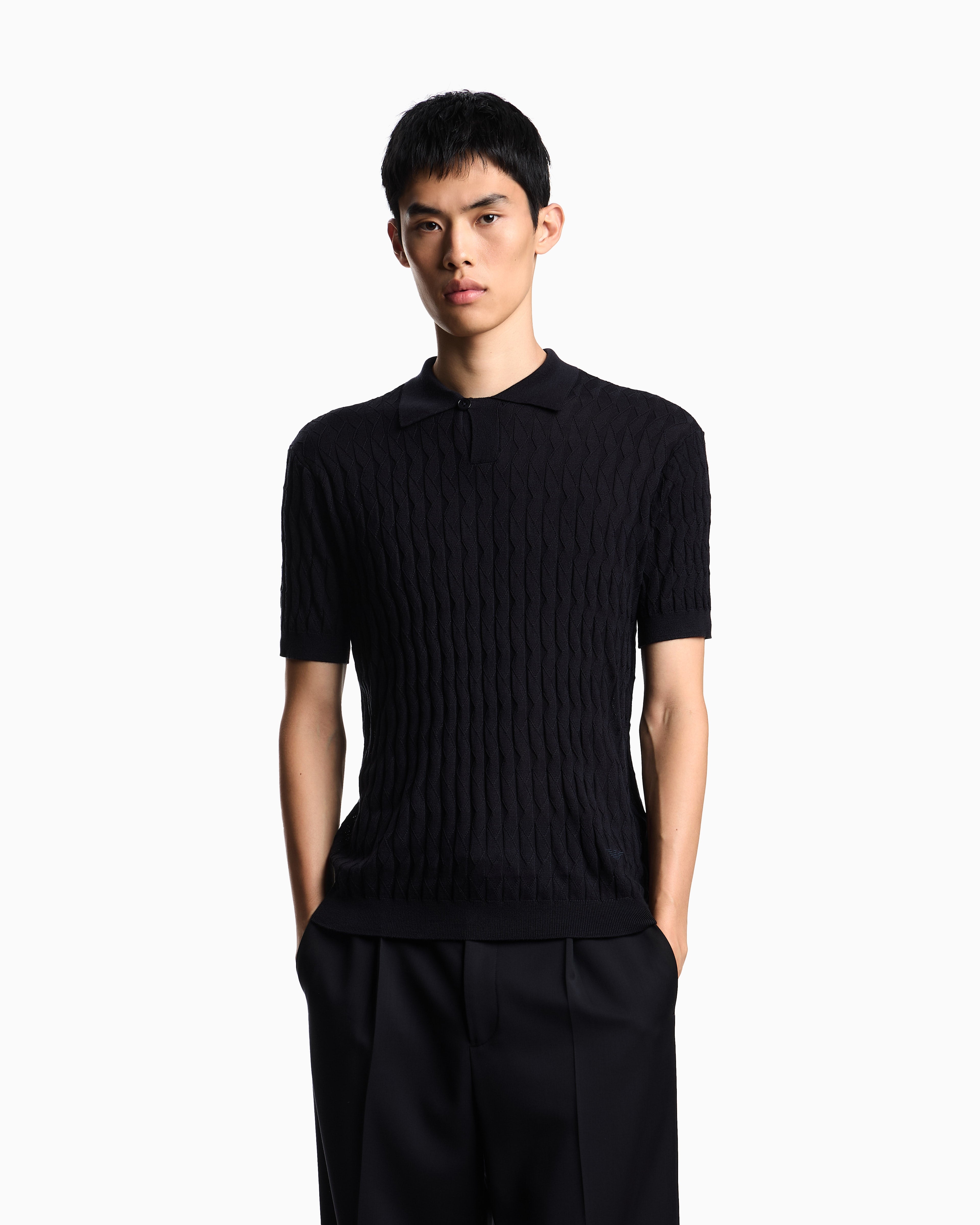 Emporio Armani ASV Lyocell-blend jumper with polo-shirt collar in an embossed, patterned stitch