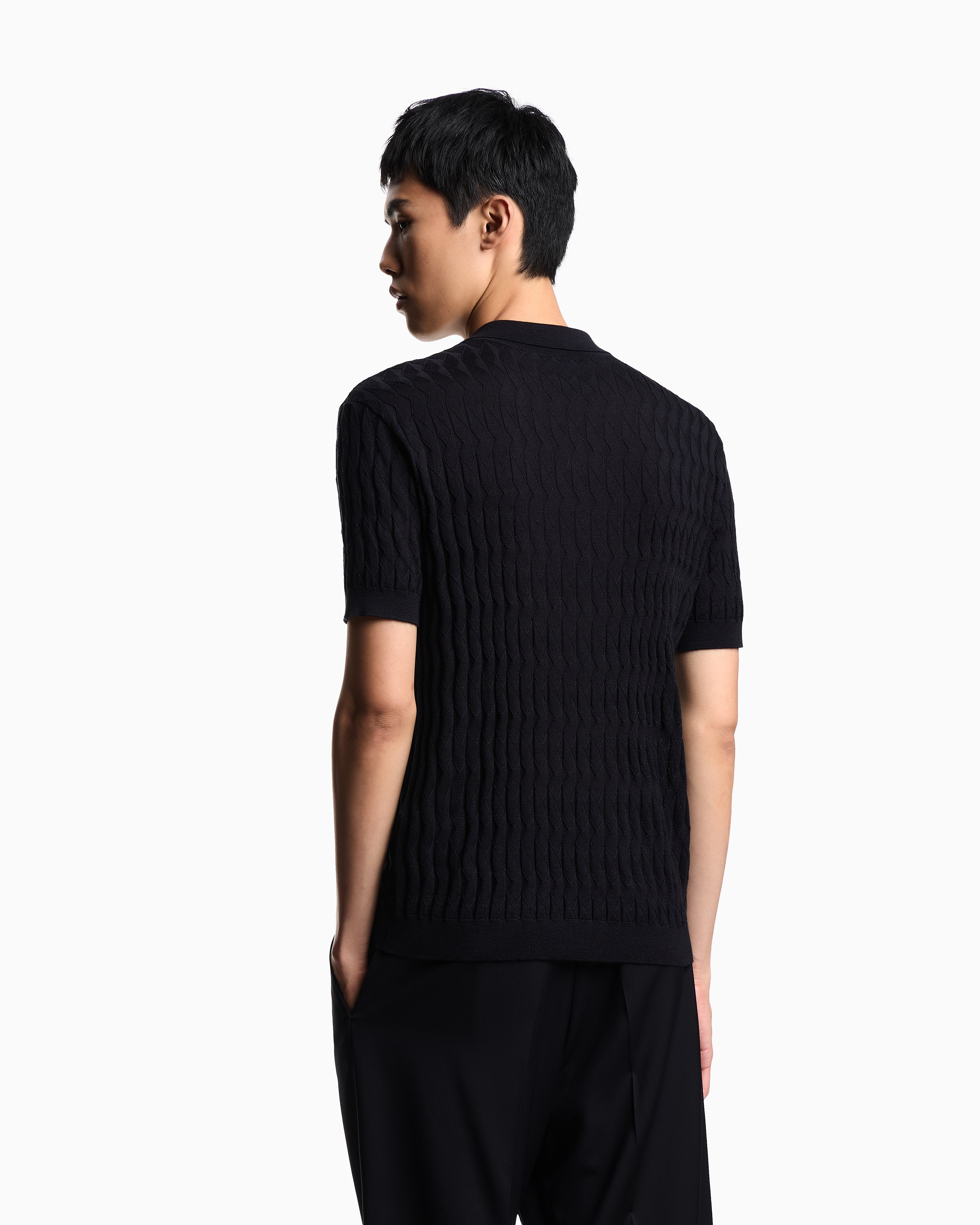 Emporio Armani ASV Lyocell-blend jumper with polo-shirt collar in an embossed, patterned stitch