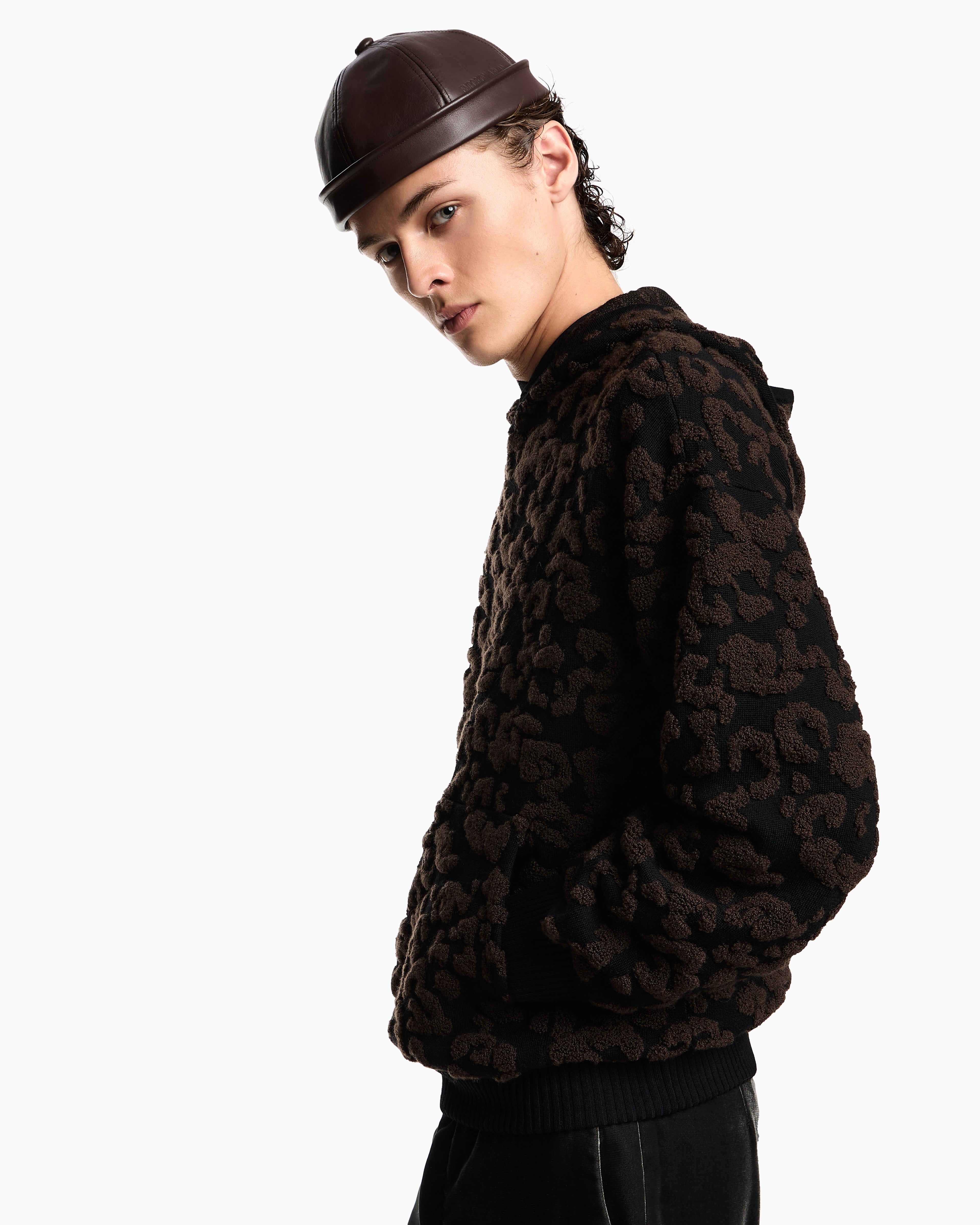Emporio Armani Leopard jacquard virgin wool hooded jumper