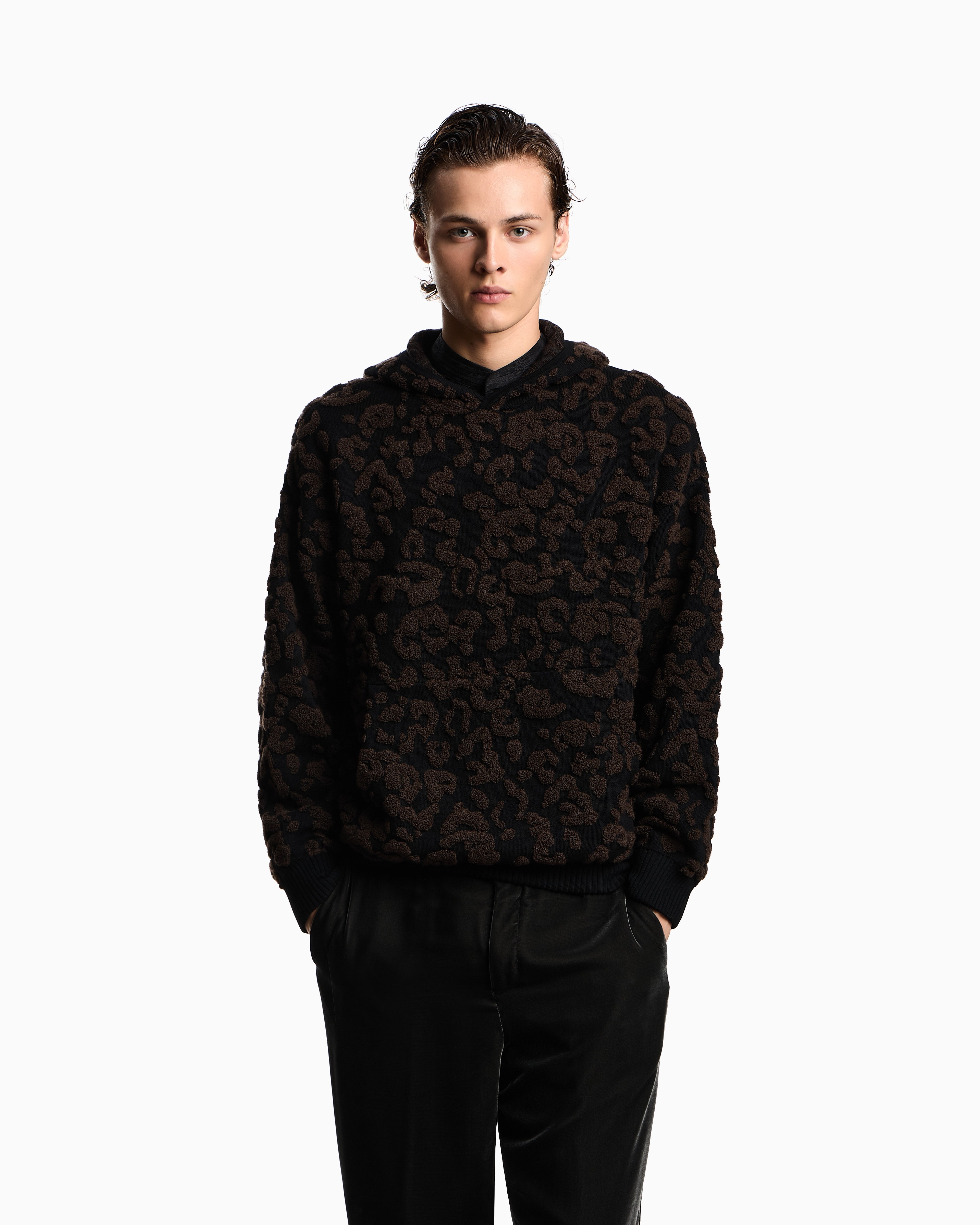 Emporio Armani Leopard jacquard virgin wool hooded jumper