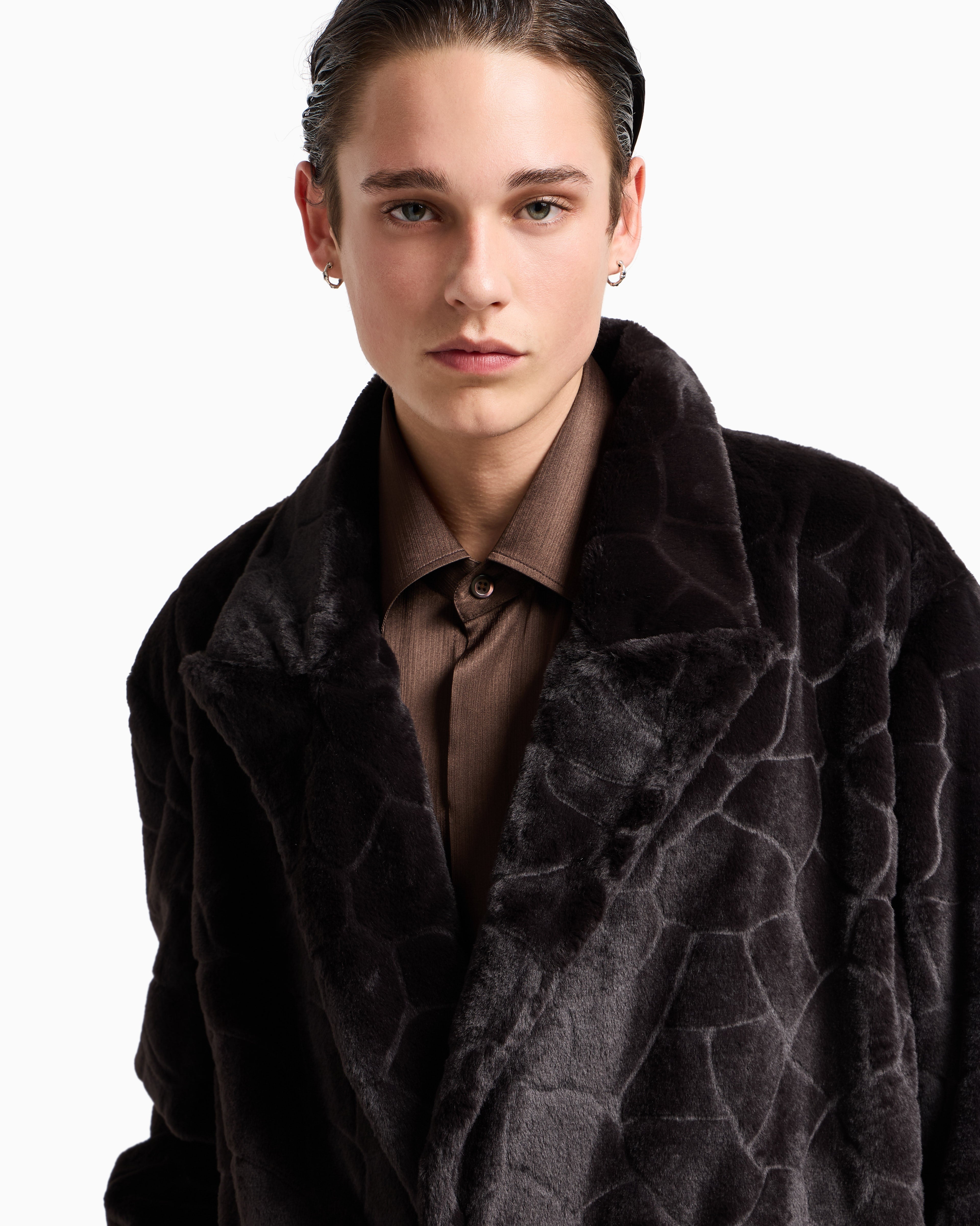 Emporio Armani Single-breasted coat in faux fur with a crocodile intarsia