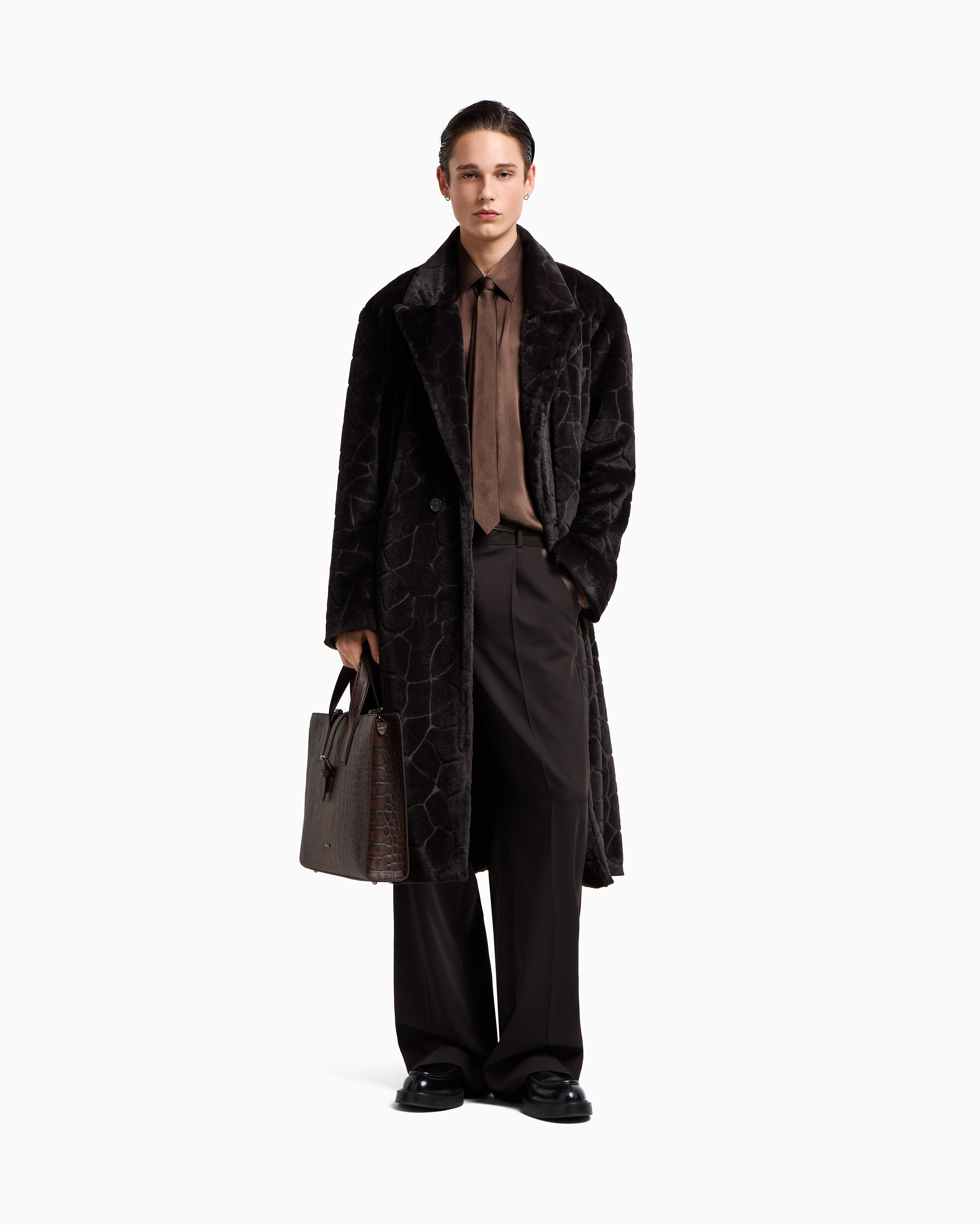 Emporio Armani Single-breasted coat in faux fur with a crocodile intarsia