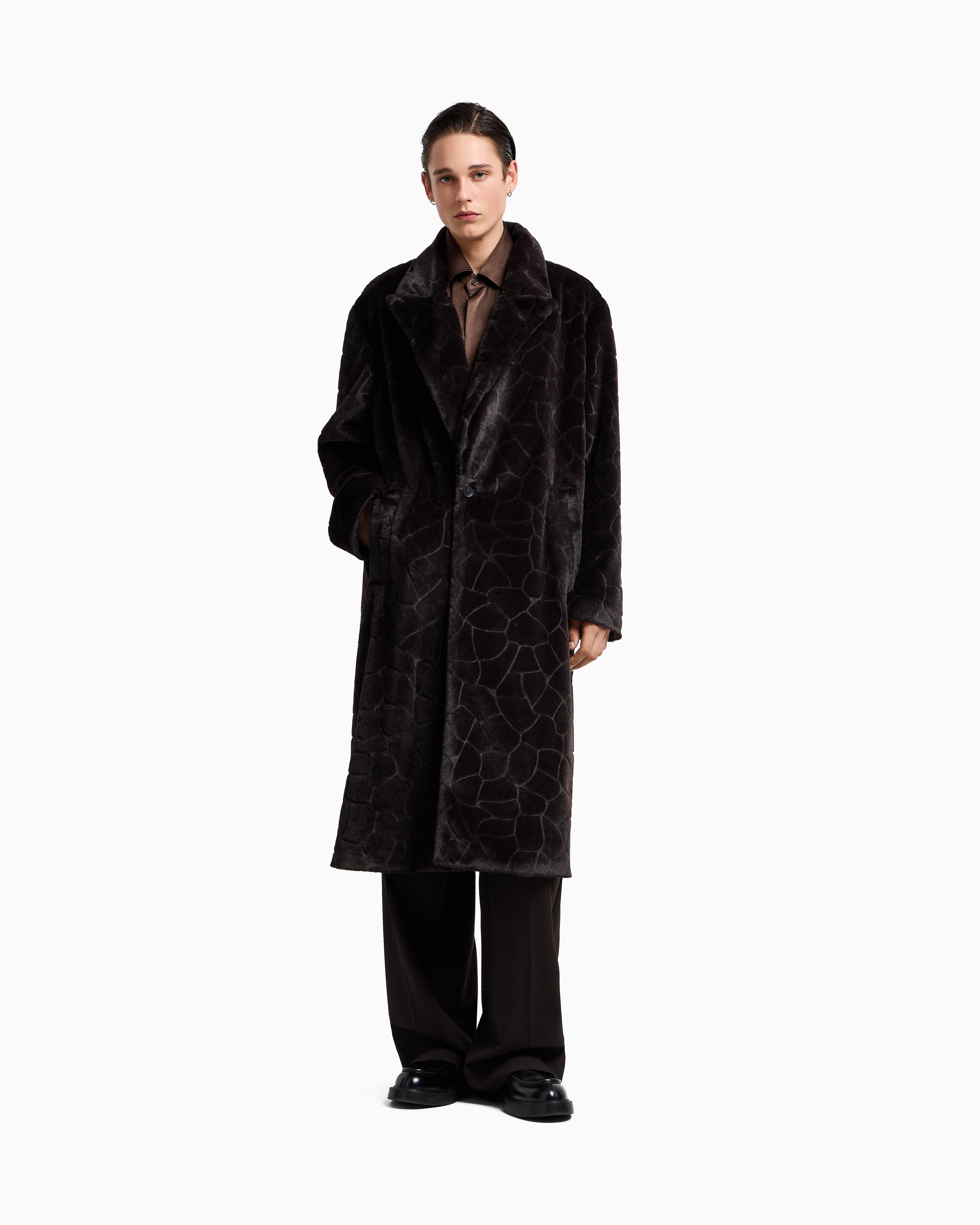 Emporio Armani Single-breasted coat in faux fur with a crocodile intarsia