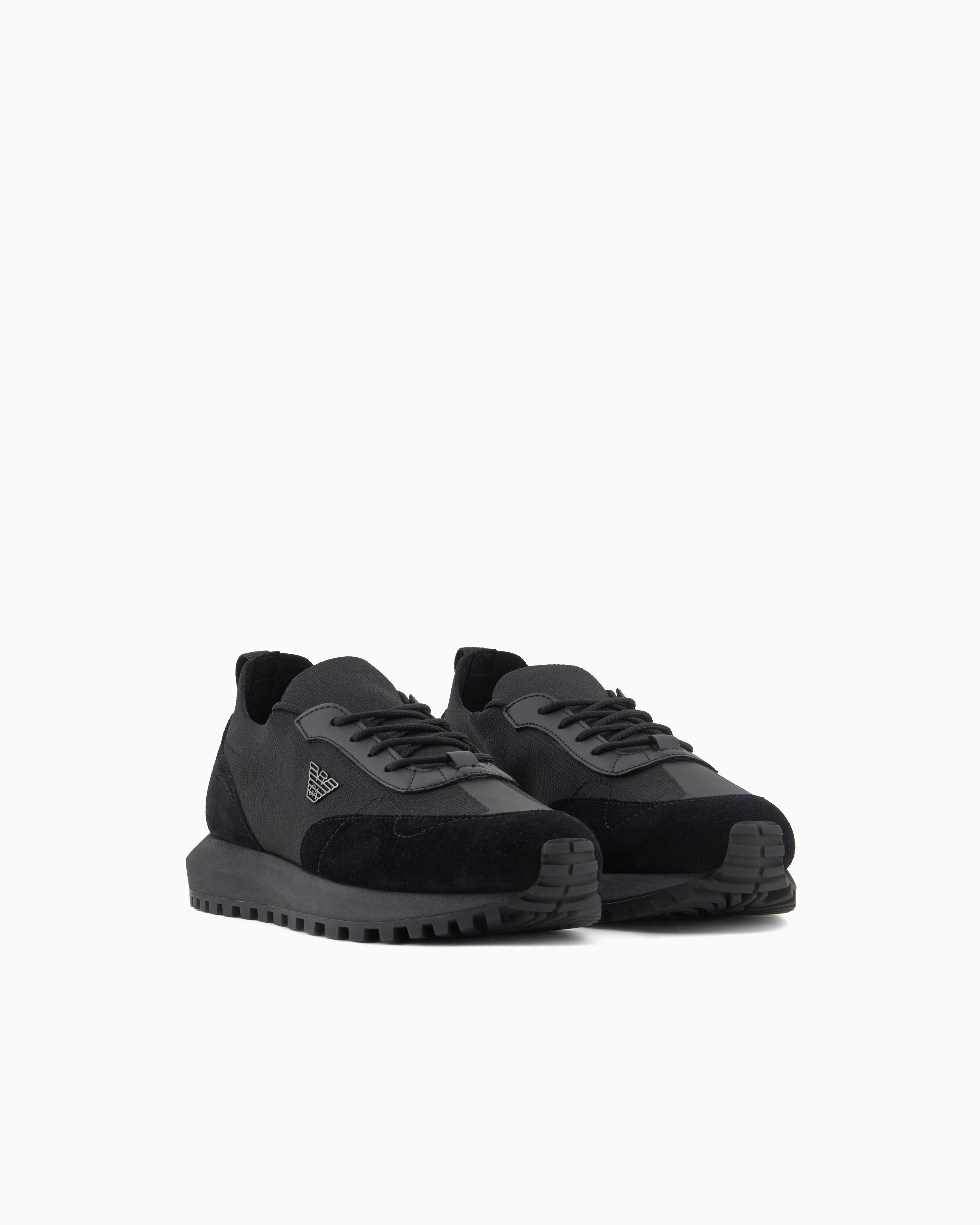 Emporio Armani Low-Top Sneakers In Suede And Mesh With A Rubber Sole Black