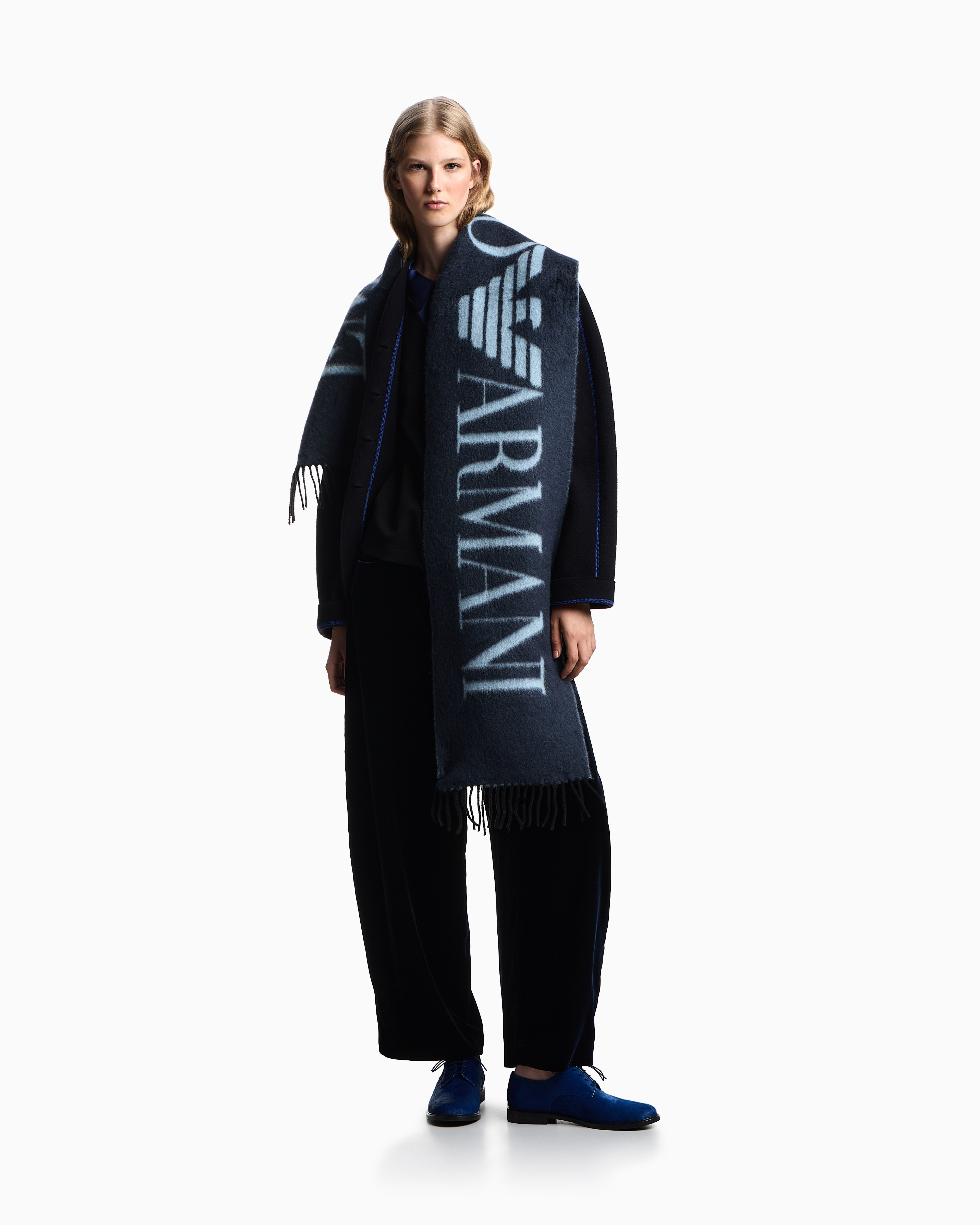 Emporio Armani Two-tone wool-blend scarf with oversized lettering
