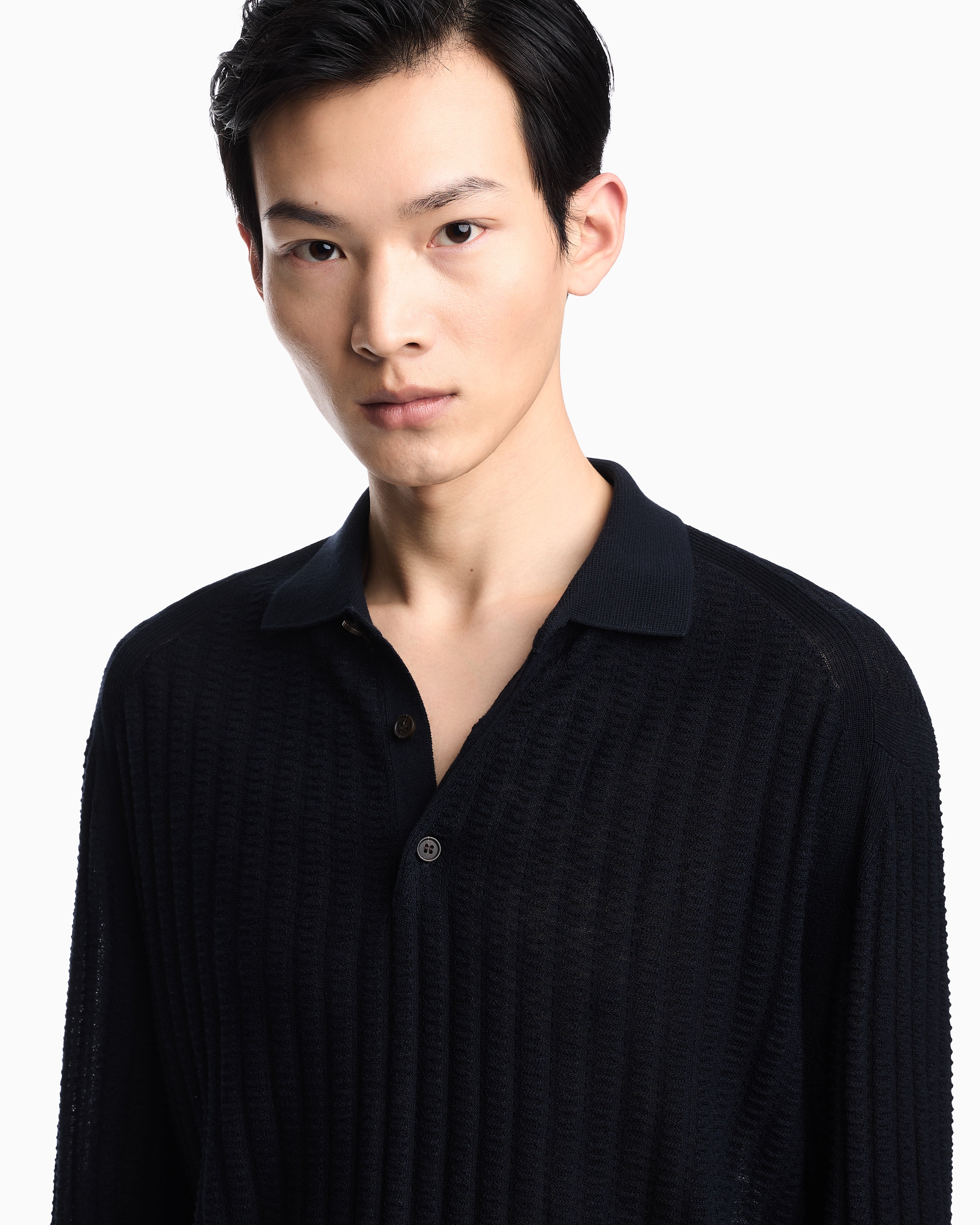 Emporio Armani Wool and Lyocell-blend polo collar jumper in a patterned stitch