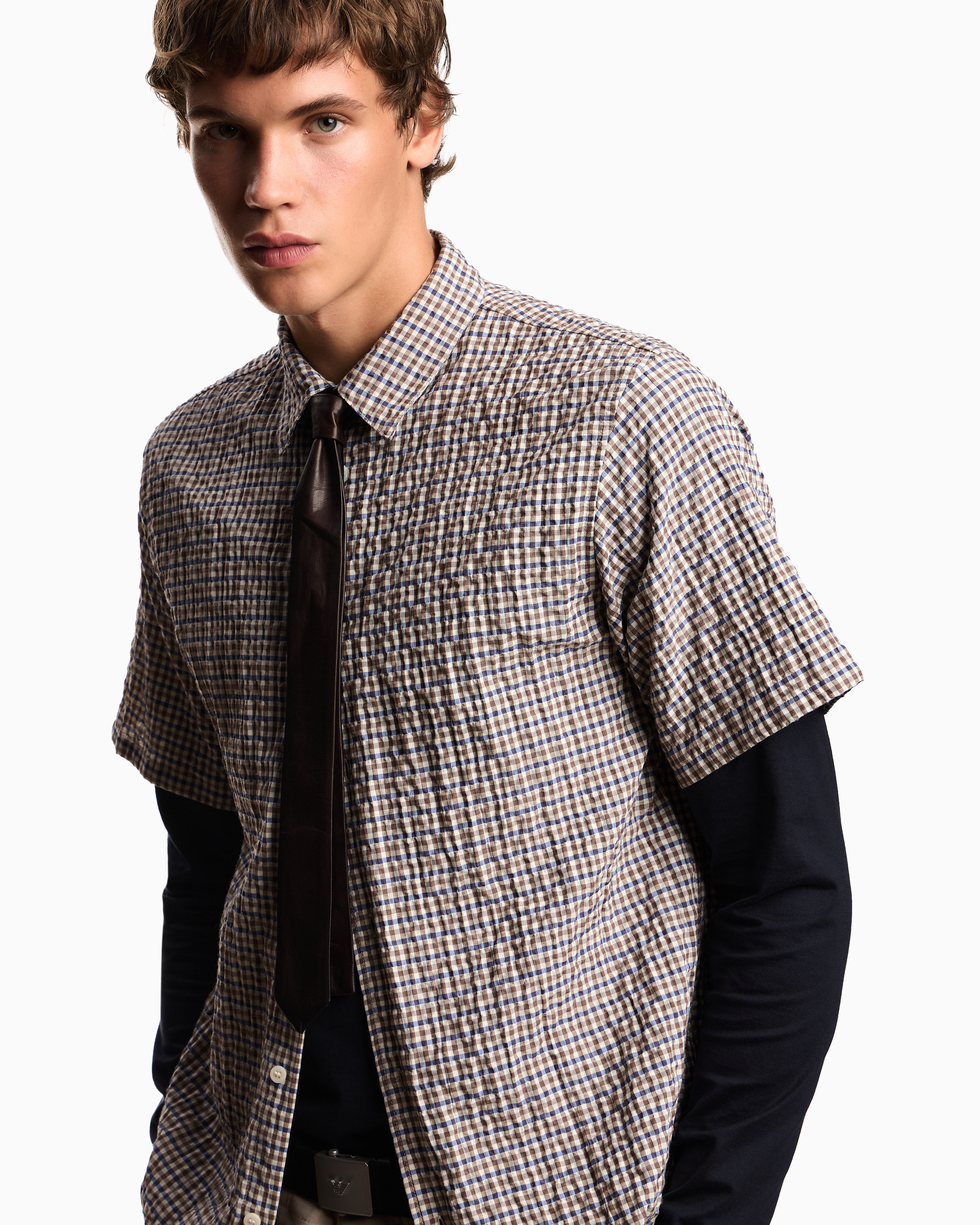 Emporio Armani Eagle Club crinkle fabric shirt with check motif