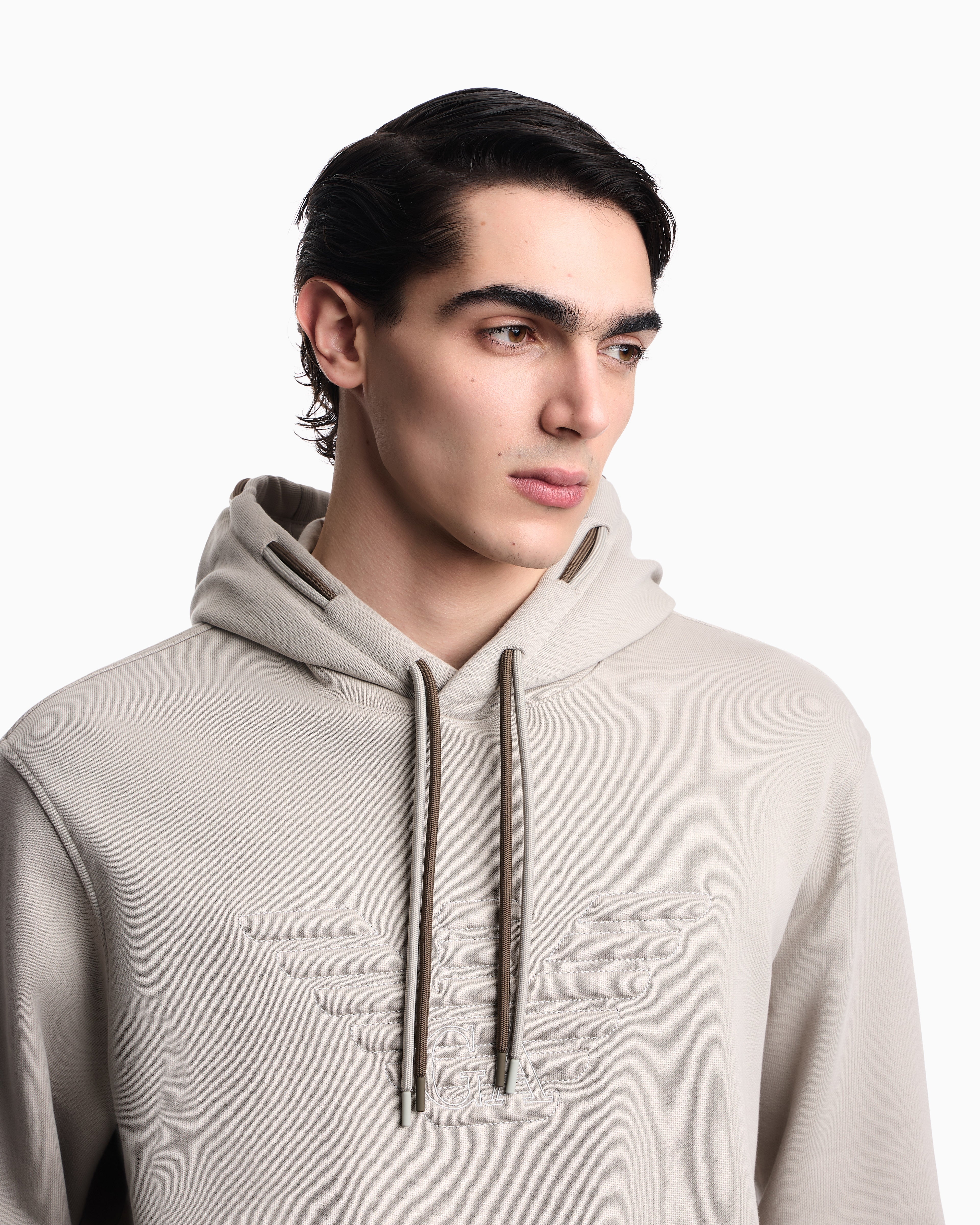 Emporio Armani Loose-fit hooded sweatshirt in French terry jersey with a domed eagle