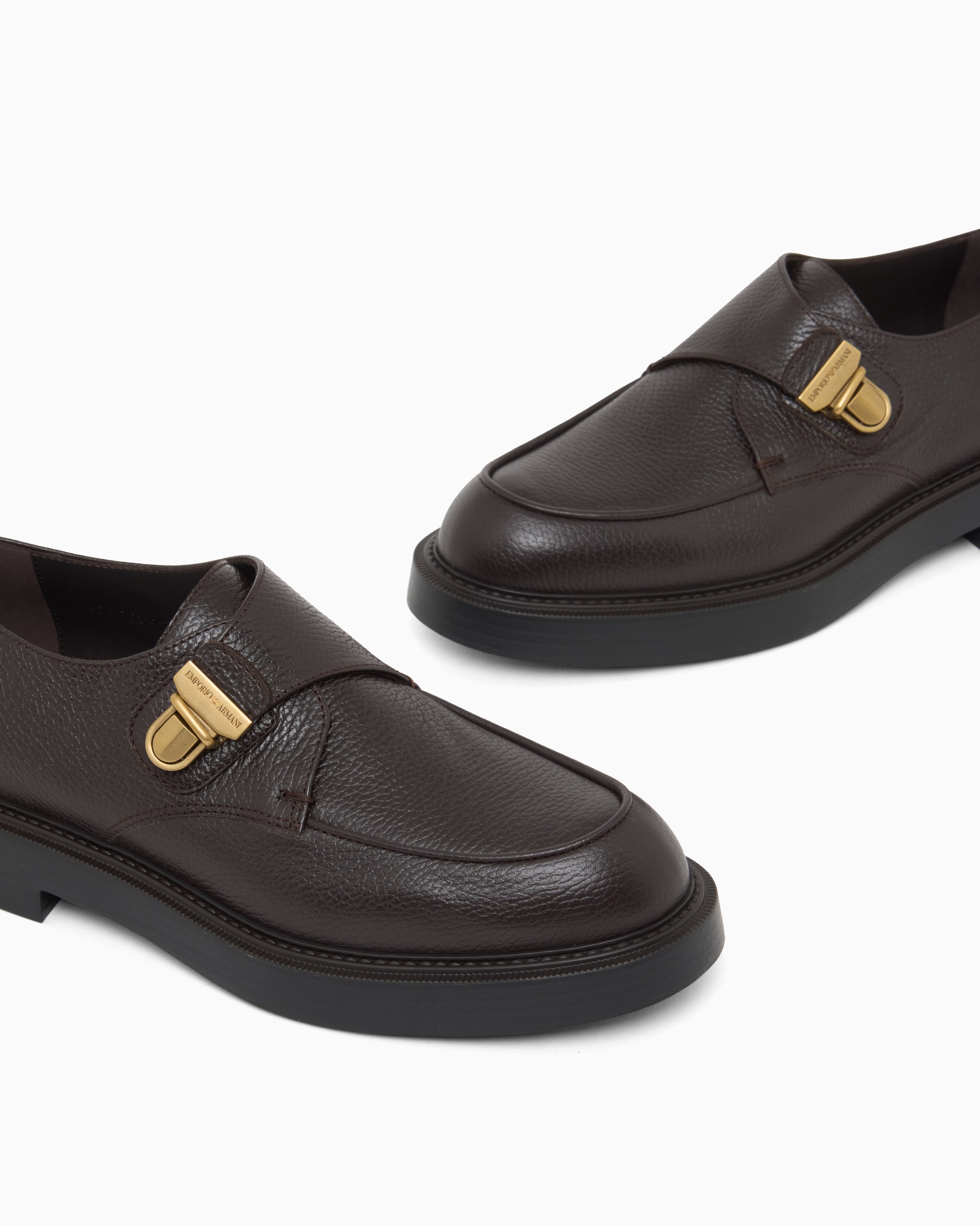 Emporio Armani Icon Pebbled Leather Chunky Monk Straps Brown
