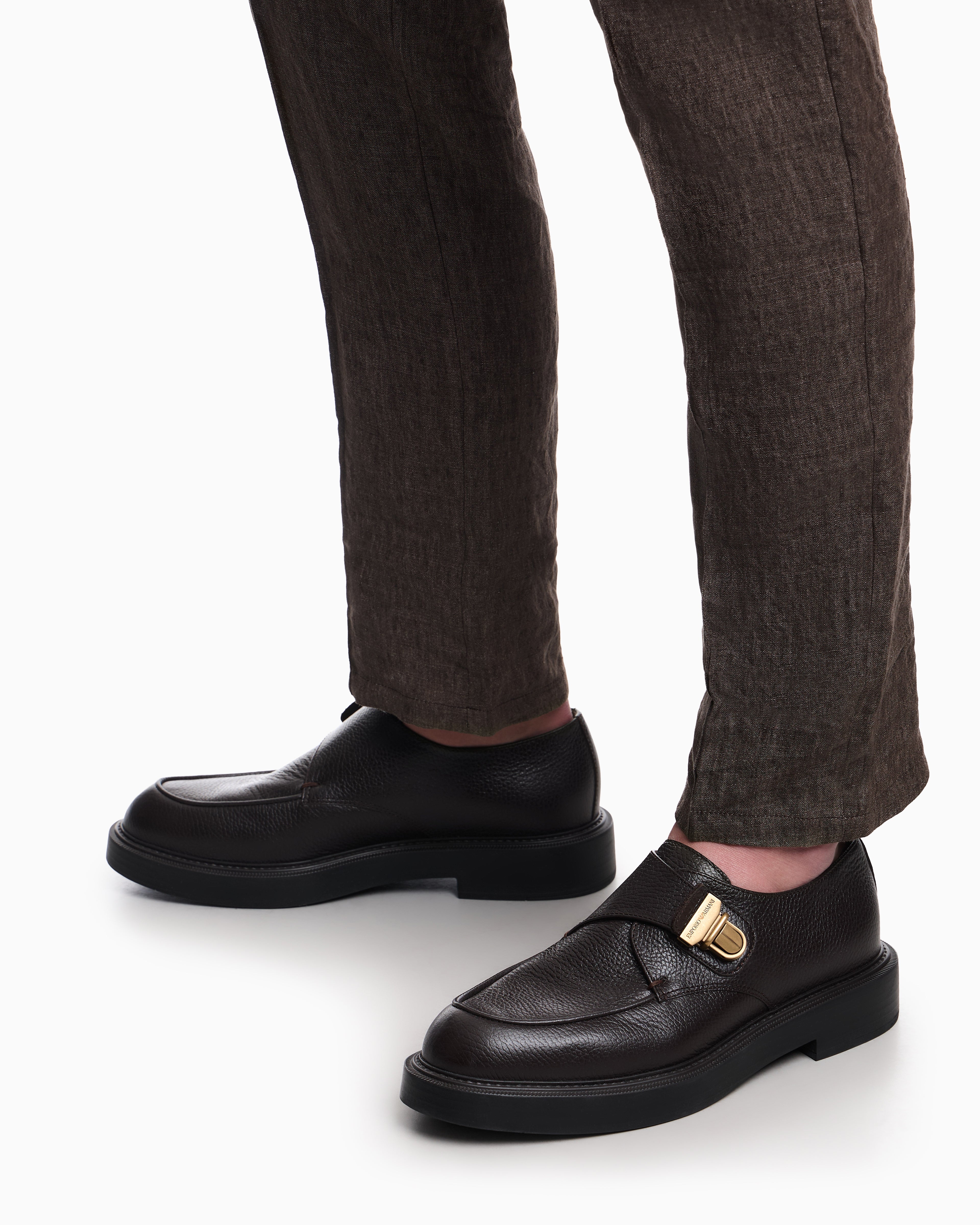 Emporio Armani Icon Pebbled Leather Chunky Monk Straps Brown