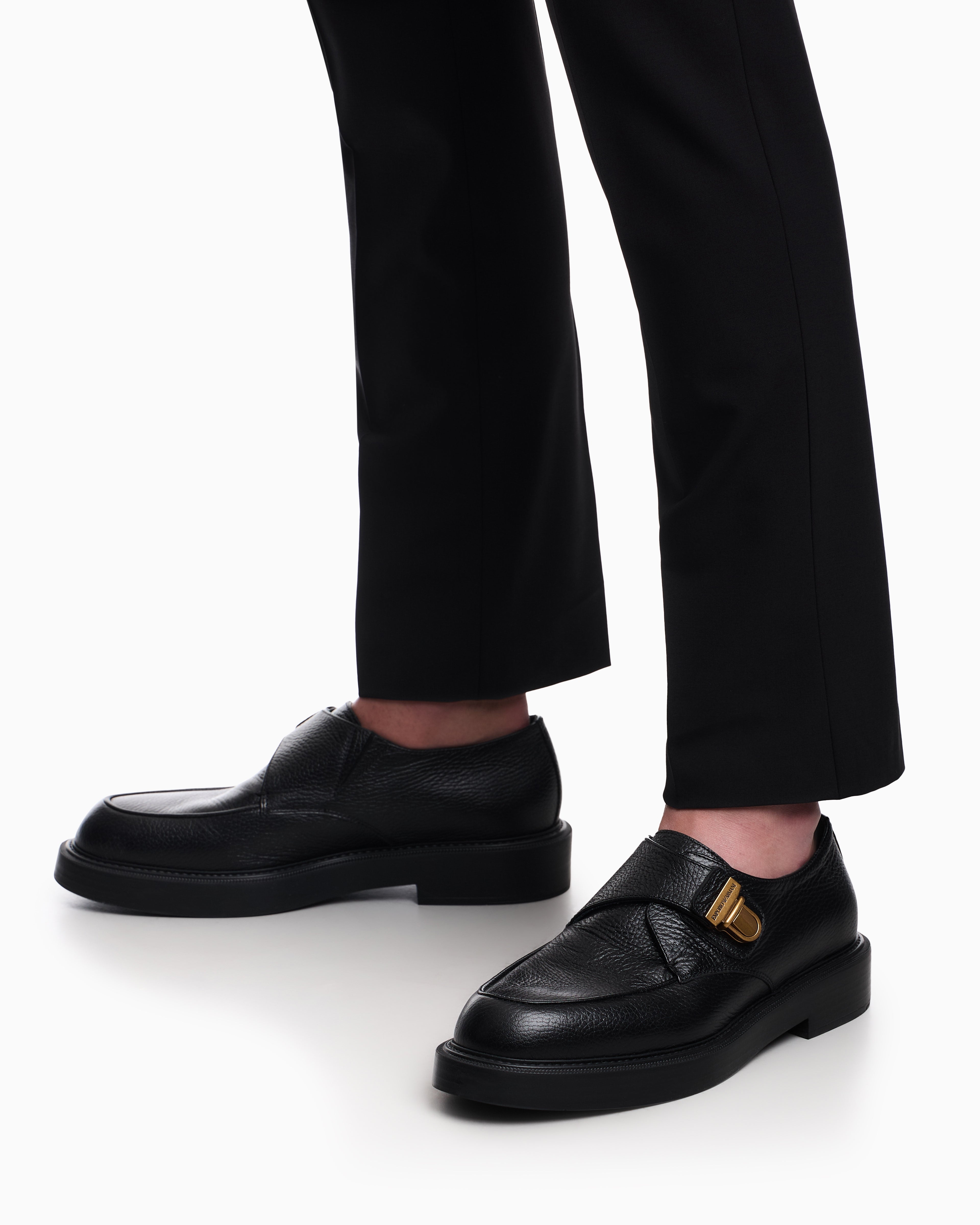 Emporio Armani Icon Pebbled Leather Chunky Monk Straps Black