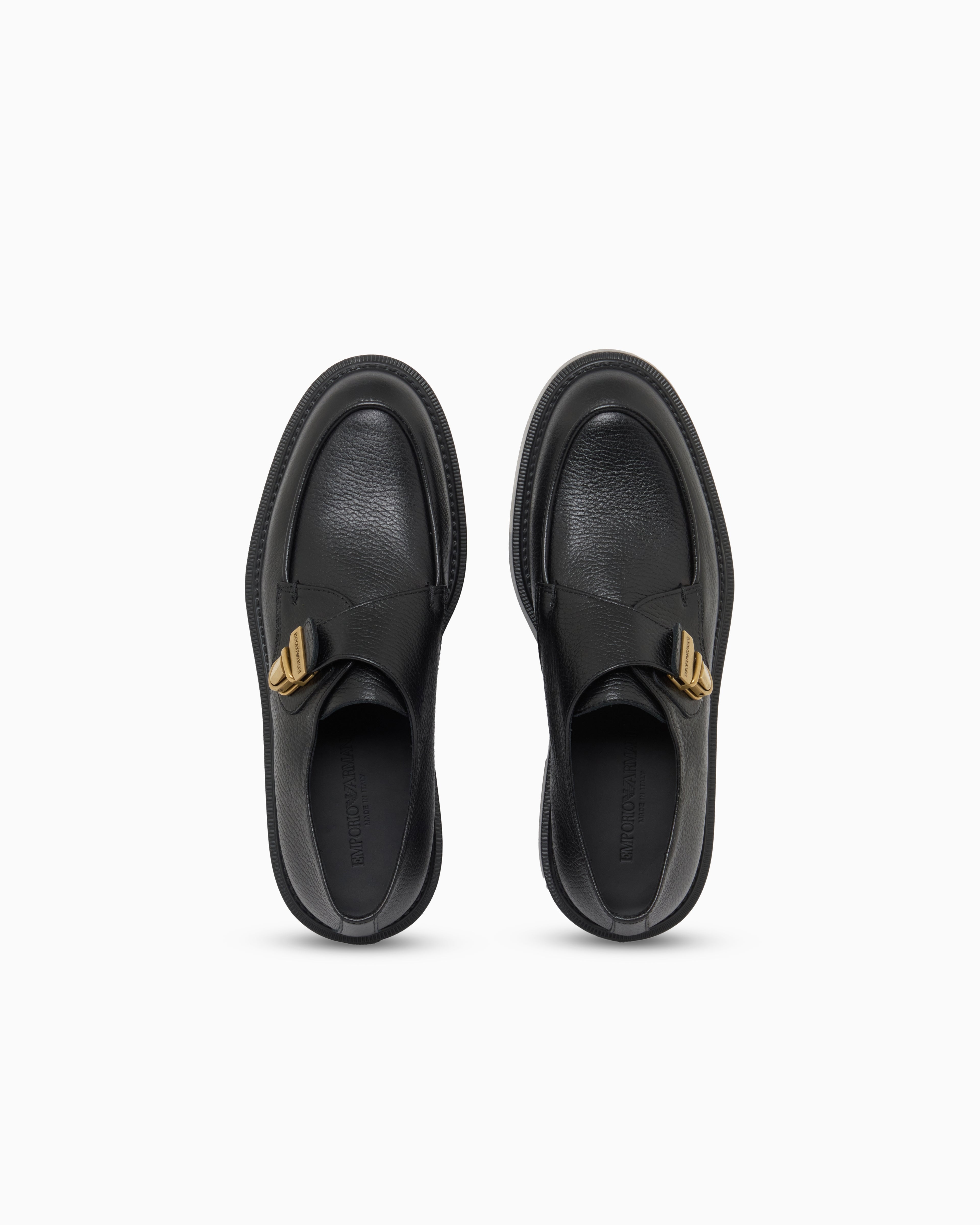 Emporio Armani Icon Pebbled Leather Chunky Monk Straps Black