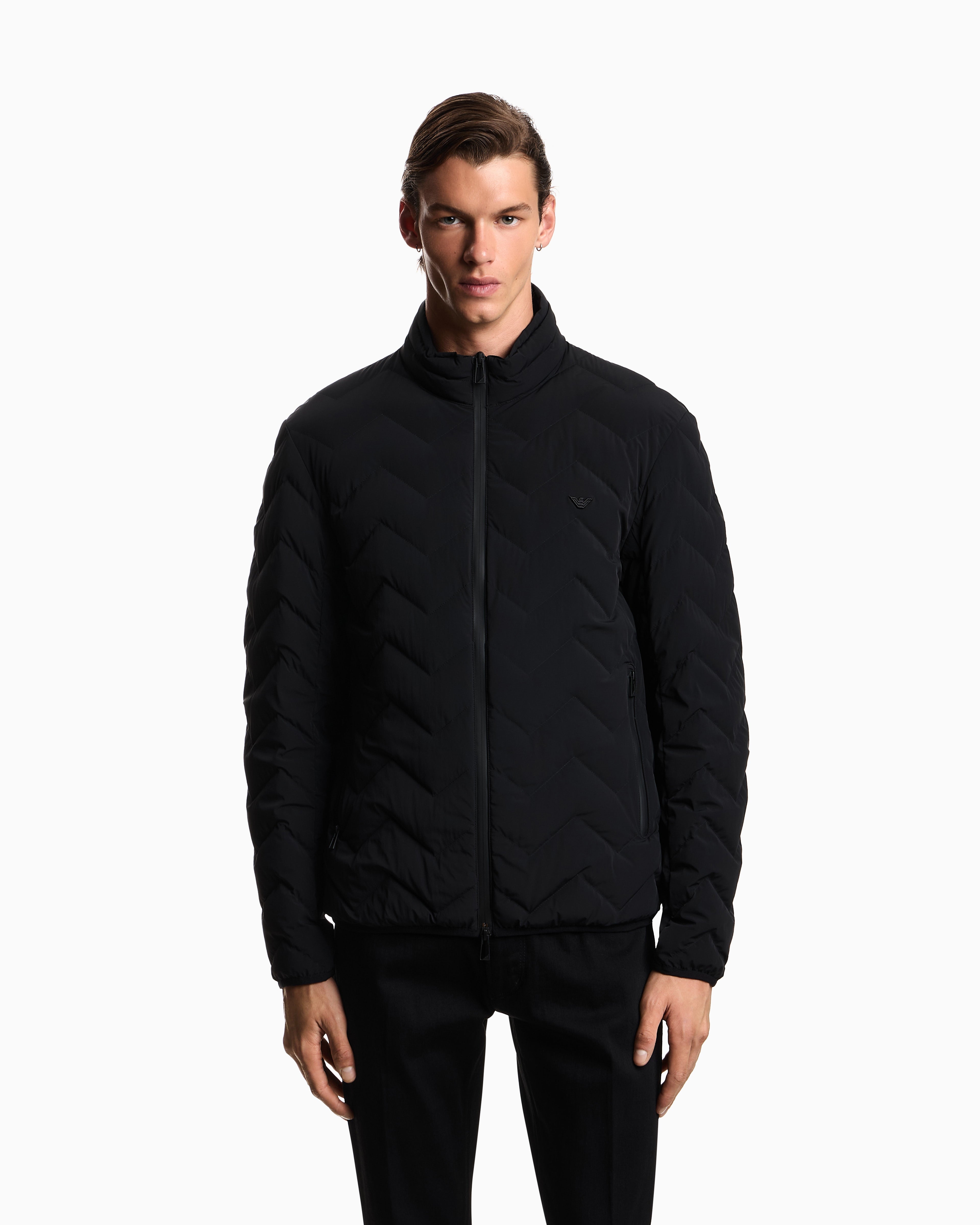Emporio Armani Nylon down jacket with zip and chevron quilting Essential