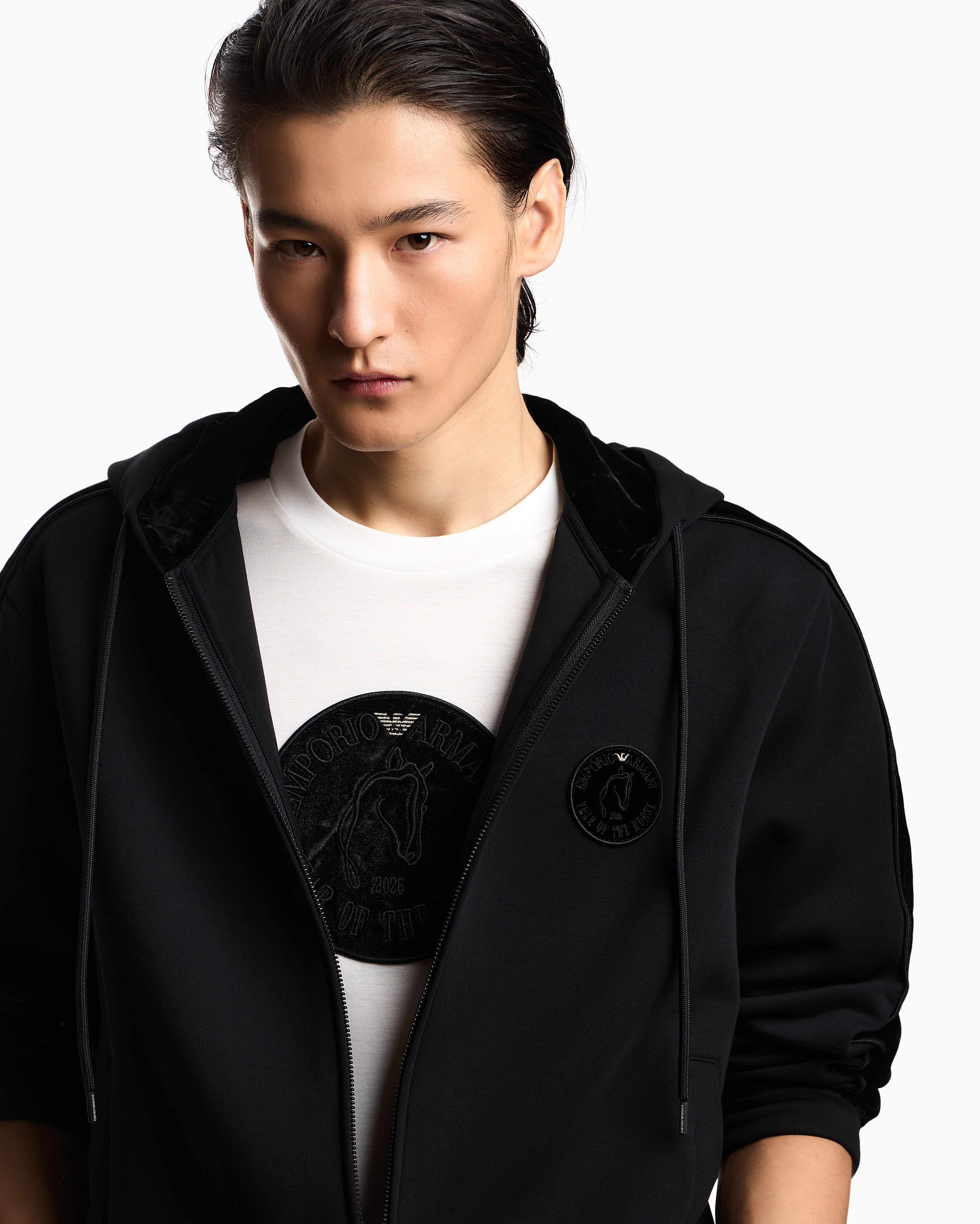 Emporio Armani Lunar New Year double-jersey hooded zip-up sweatshirt with patch and tape