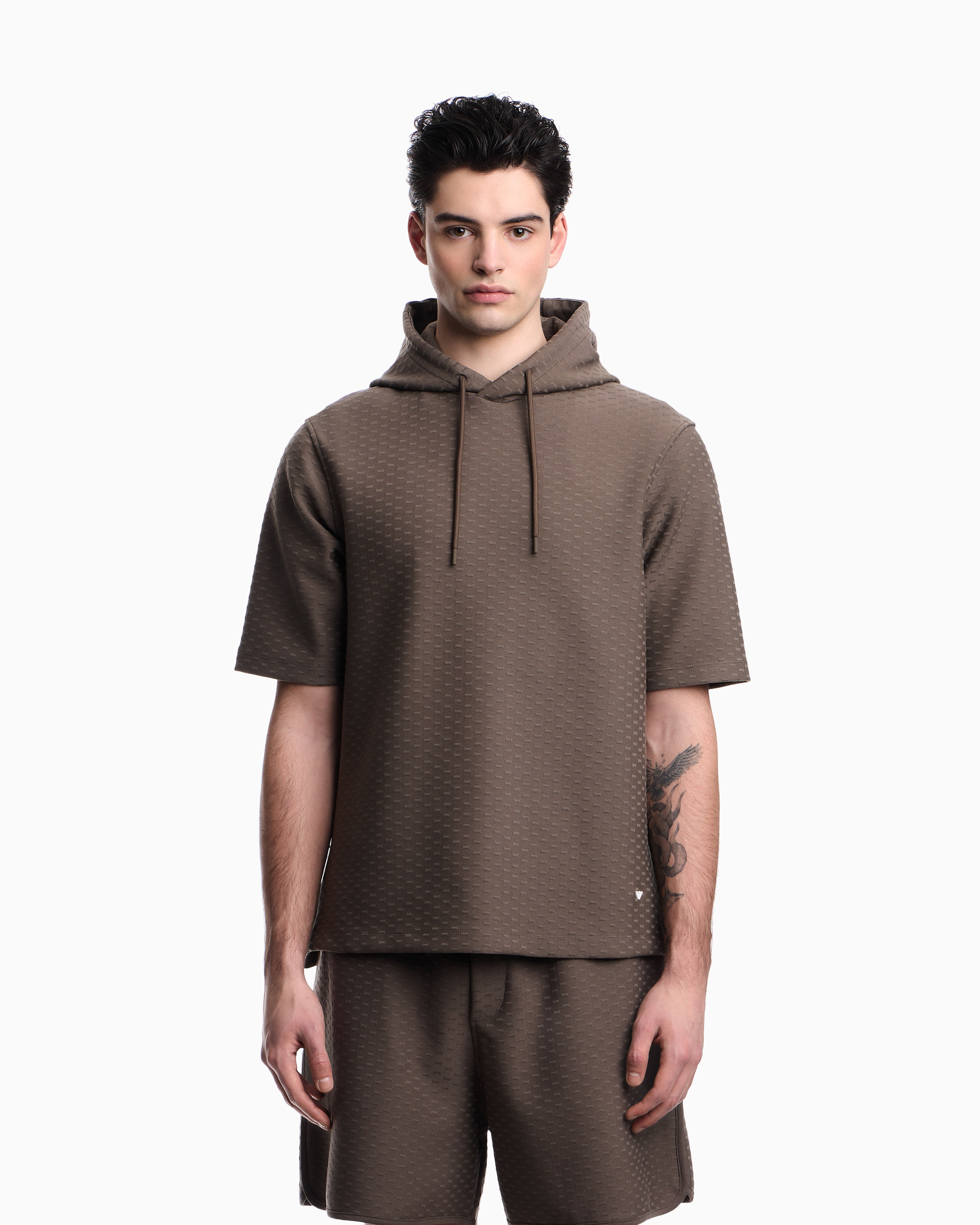 Emporio Armani Jacquard jersey hooded sweatshirt with all-over micro eagle