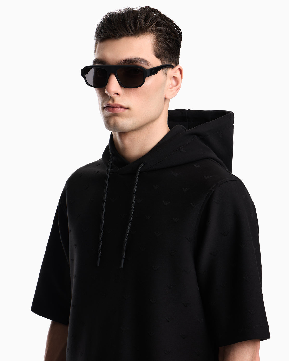 Emporio Armani Jacquard jersey hooded sweatshirt with all-over micro eagle