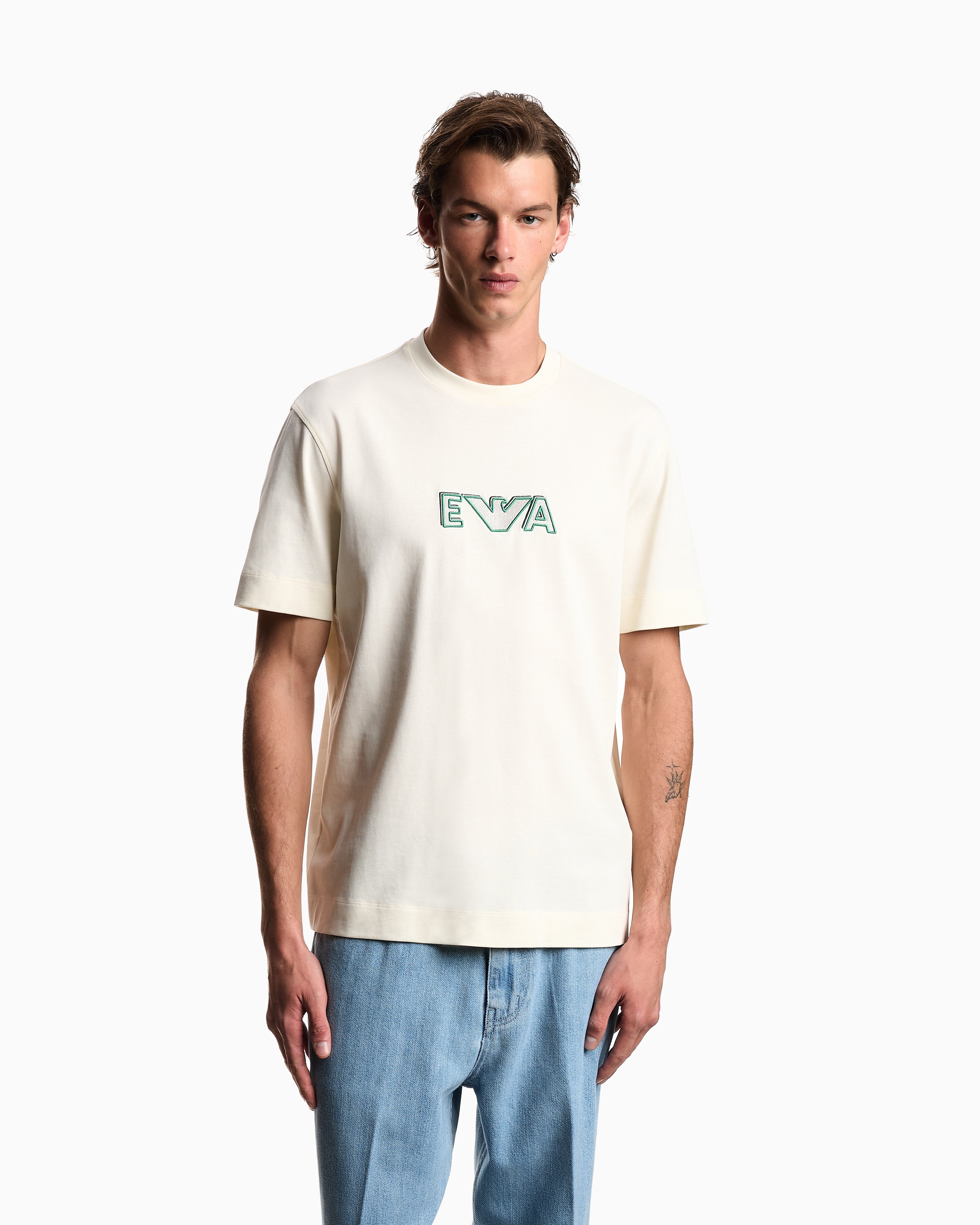 Emporio Armani Heavy jersey T-shirt with metal logo embroidery