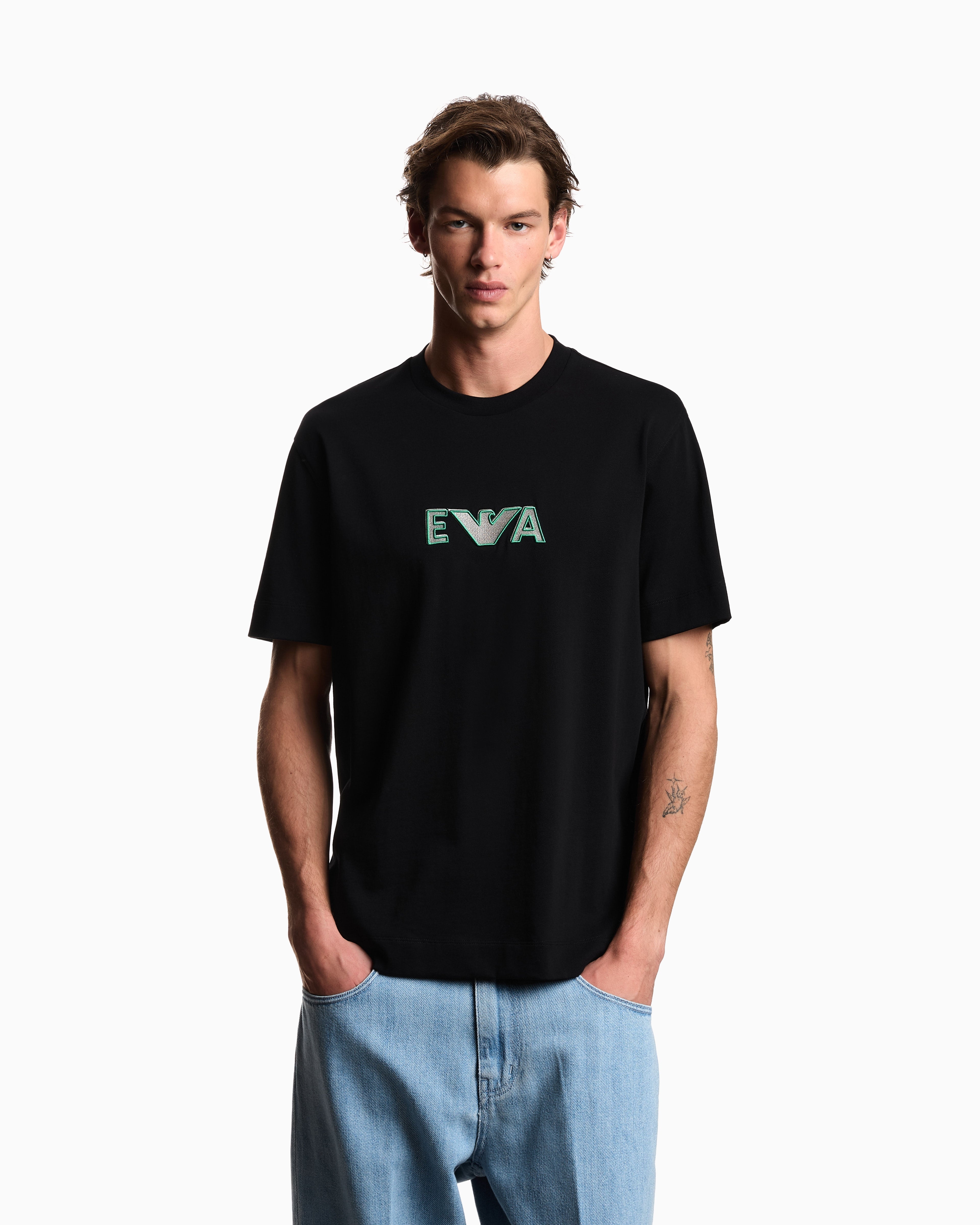 Emporio Armani Heavy jersey T-shirt with metal logo embroidery