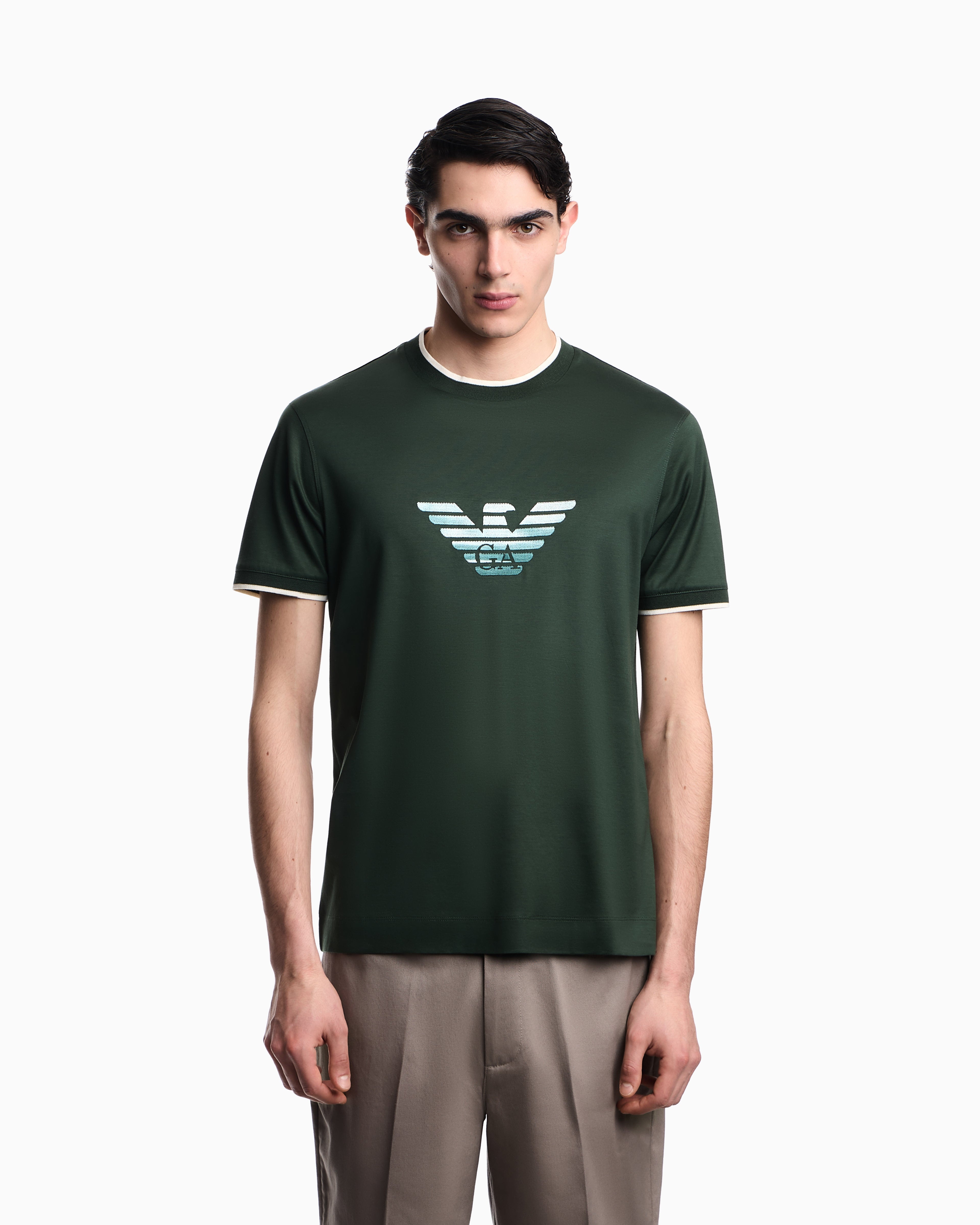 Emporio Armani Slim-fit T-shirt in a Lyocell-blend jersey, featuring a gradient eagle embroidery