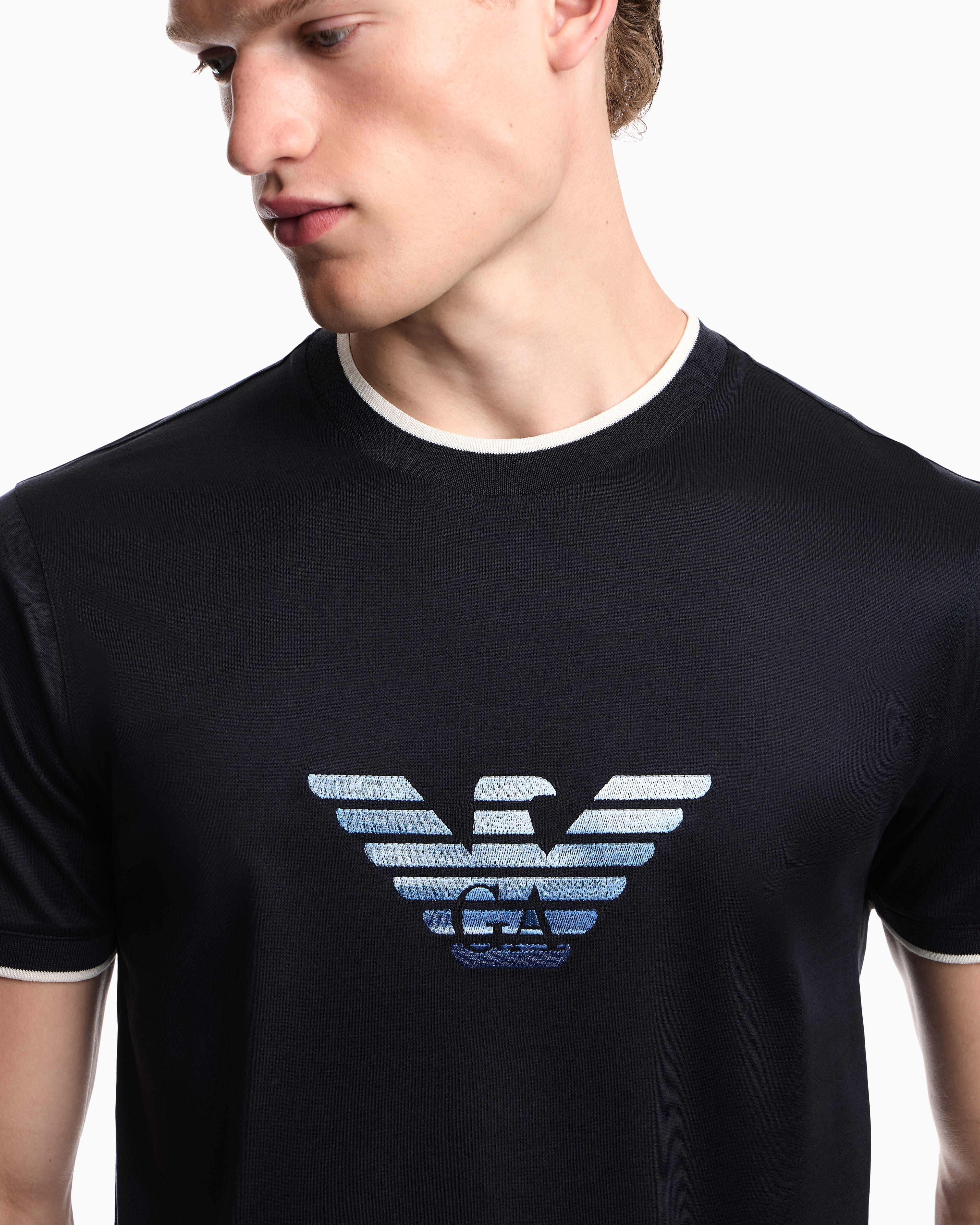 Emporio Armani Slim-fit T-shirt in a Lyocell-blend jersey, featuring a gradient eagle embroidery
