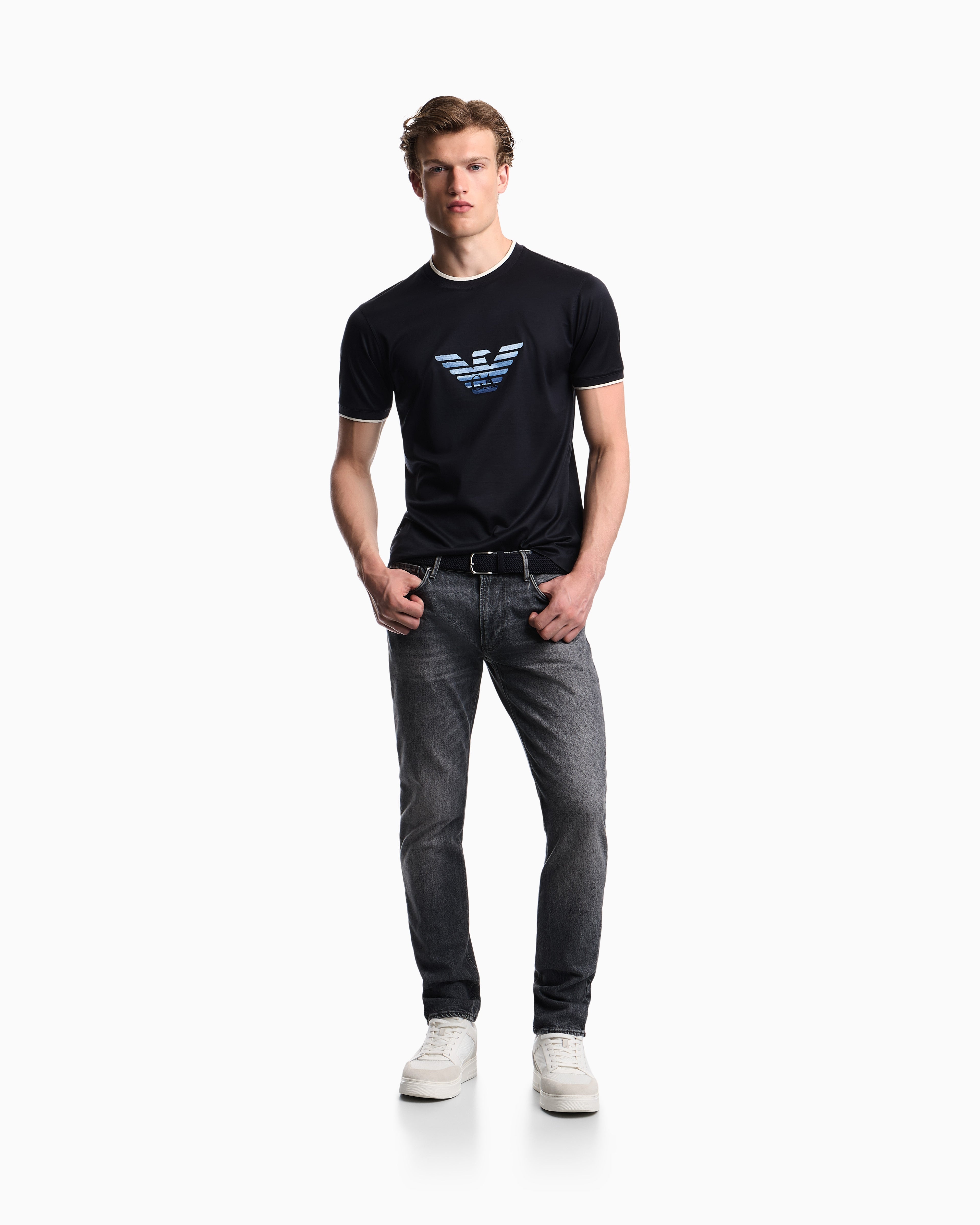 Emporio Armani Slim-fit T-shirt in a Lyocell-blend jersey, featuring a gradient eagle embroidery