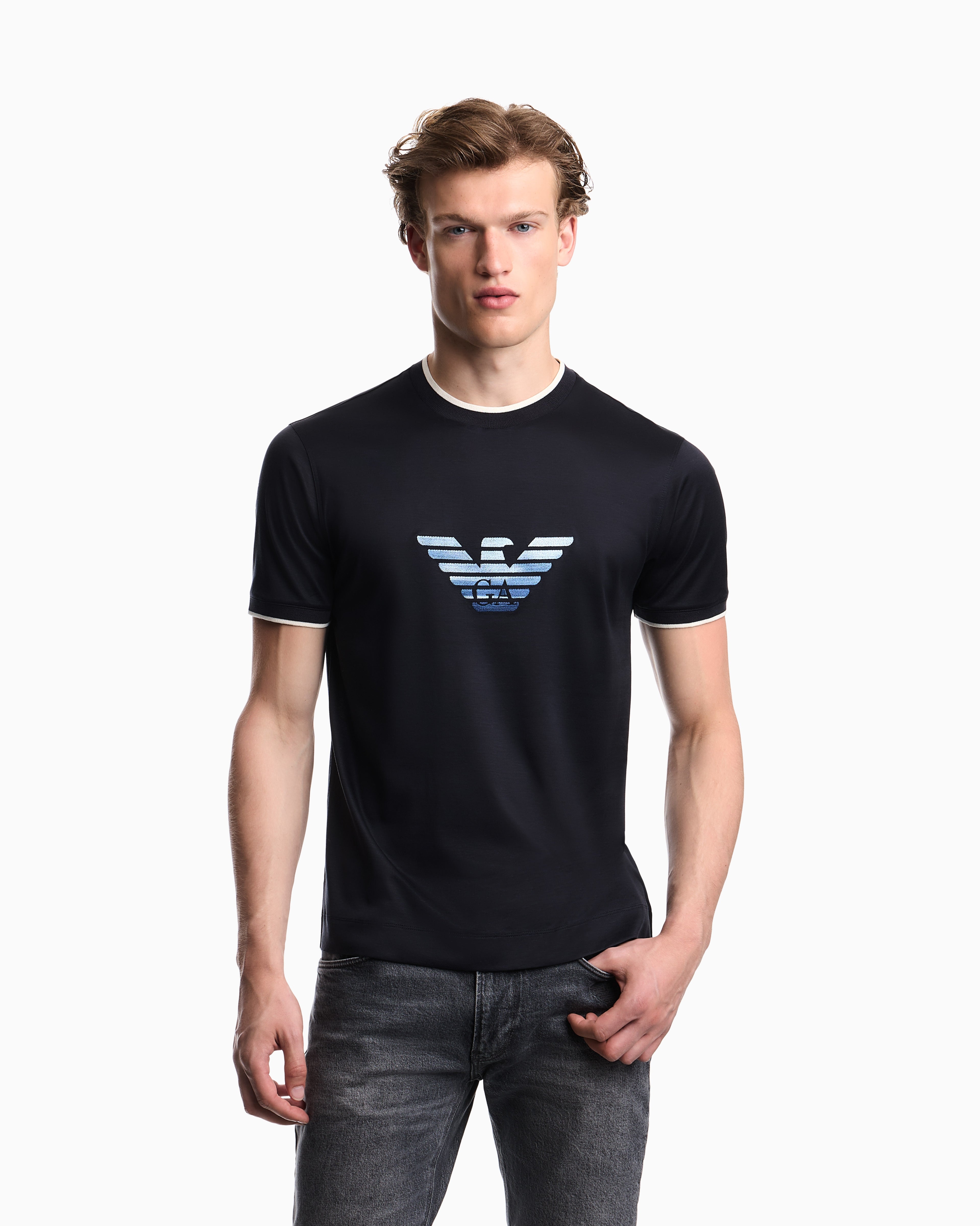 Emporio Armani Slim-fit T-shirt in a Lyocell-blend jersey, featuring a gradient eagle embroidery