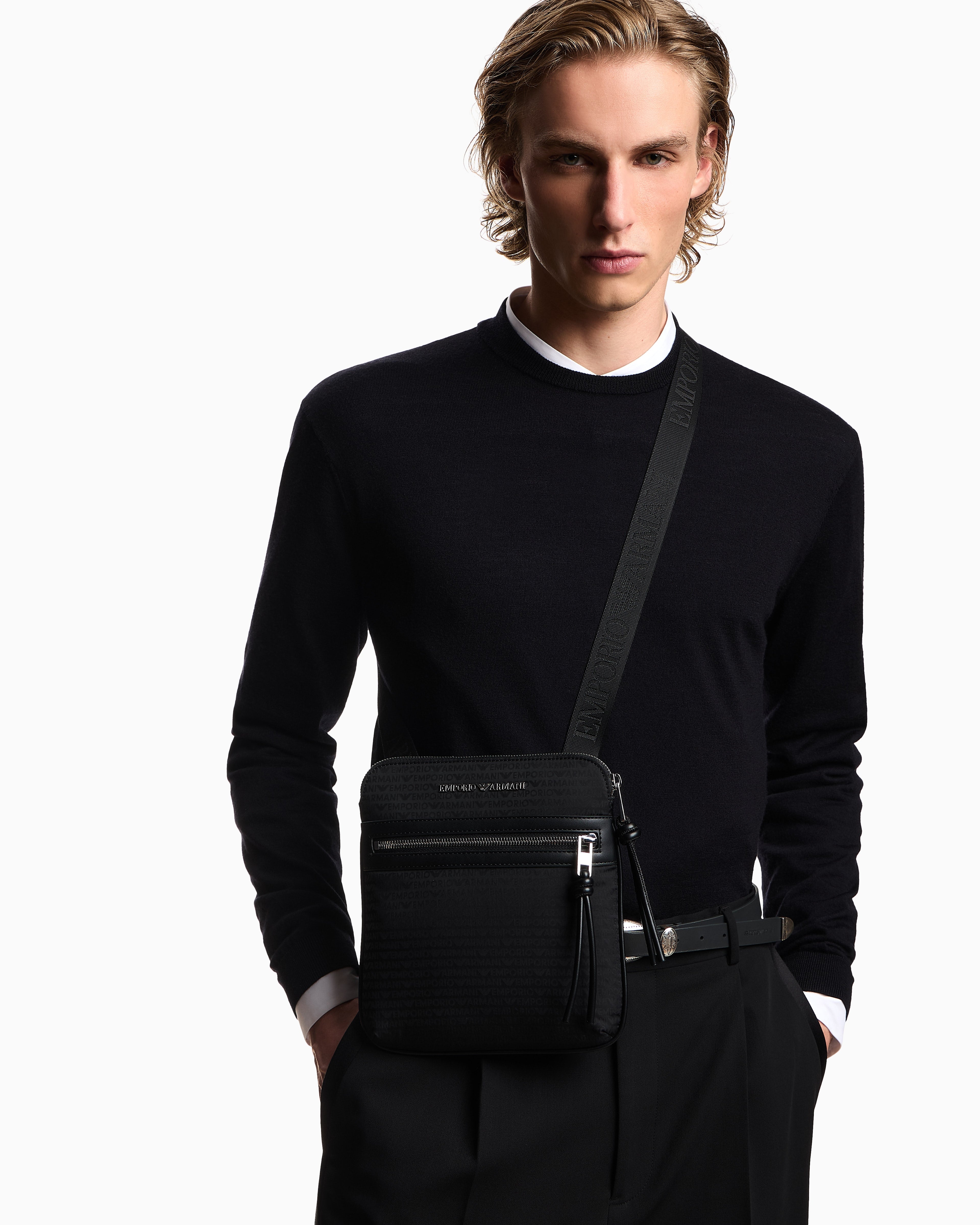 Emporio Armani Nylon flat shoulder bag with monogram lettering