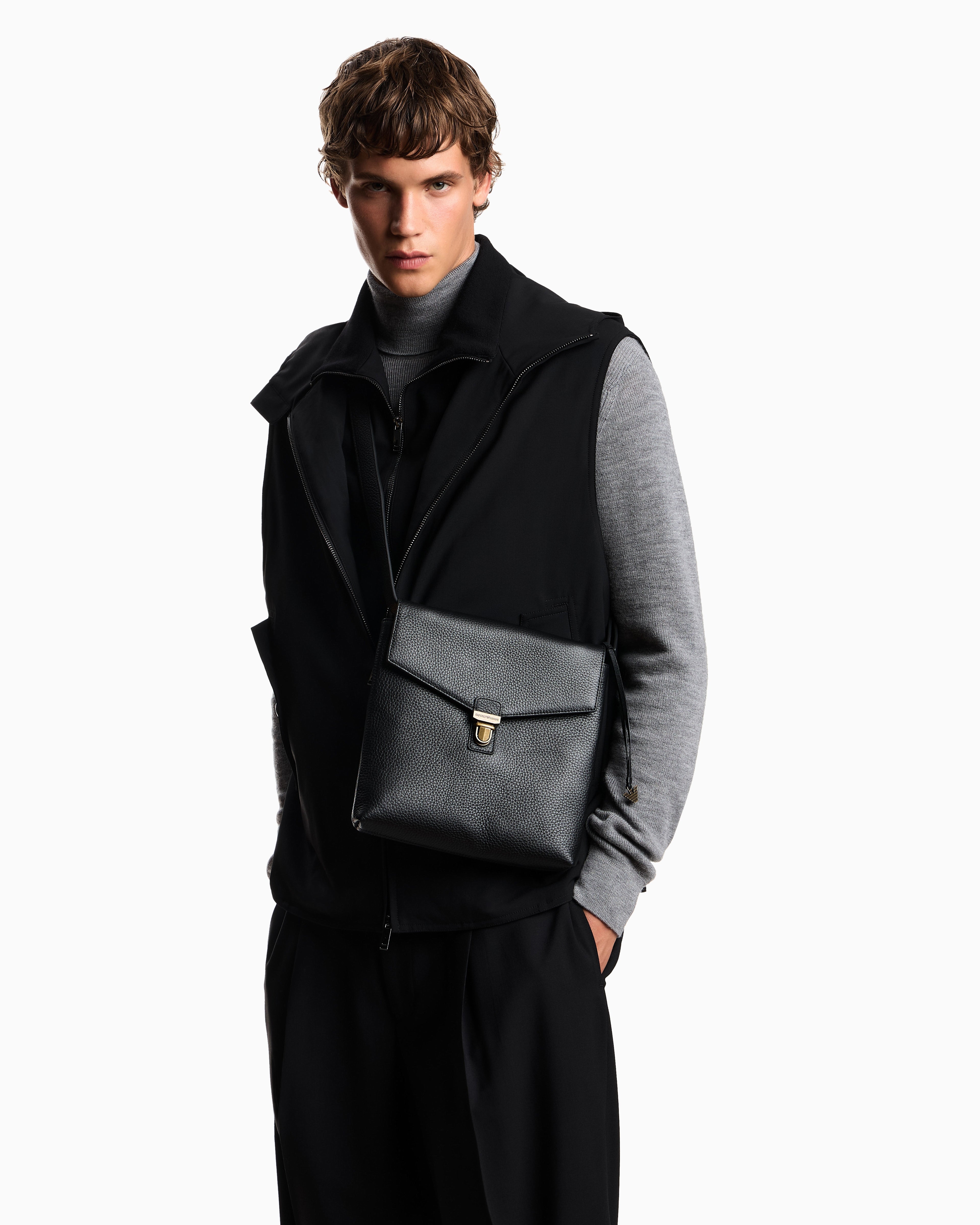 Emporio Armani Icon pebbled leather flat shoulder bag