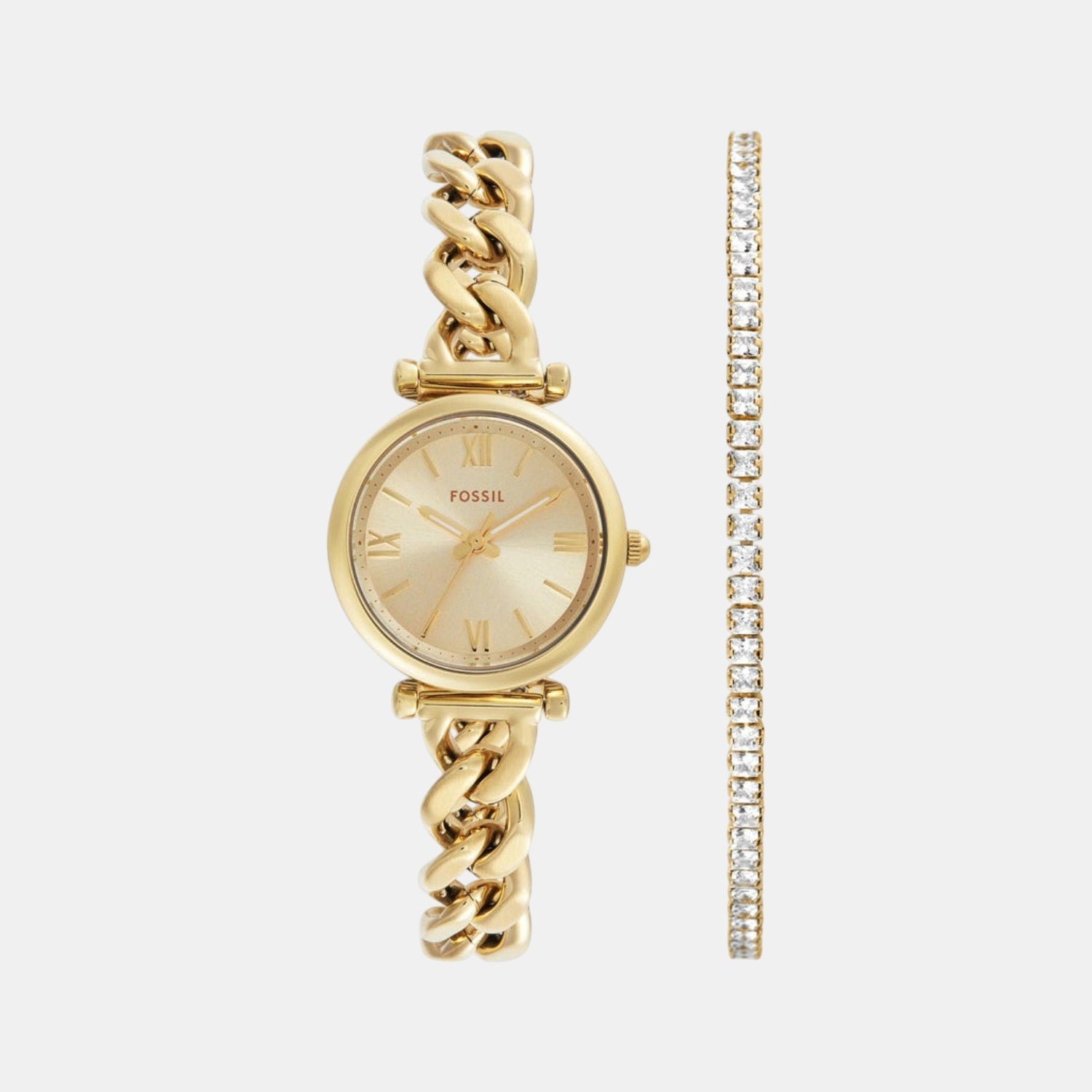 Fossil Carlie Women Quartz Gold Dial Analog Stainless Steel Watch Es5387Set