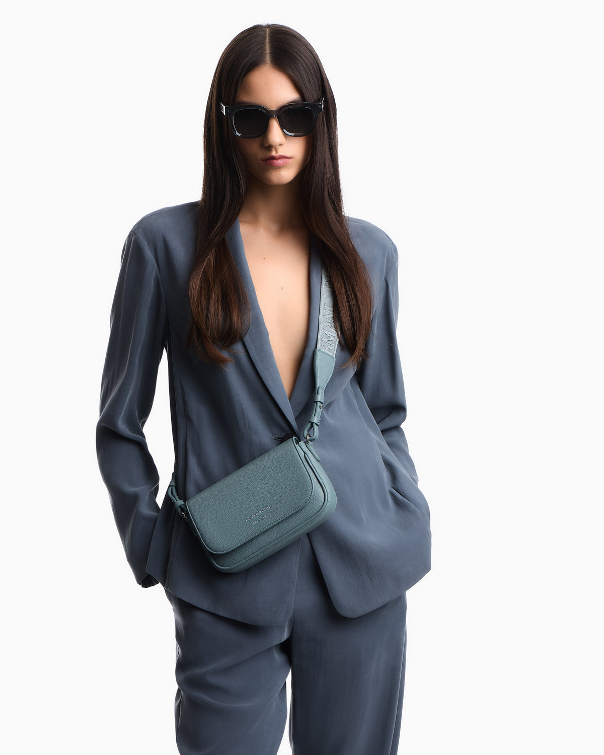Emporio Armani Wallet on chain with pebbled texture and adjustable strap