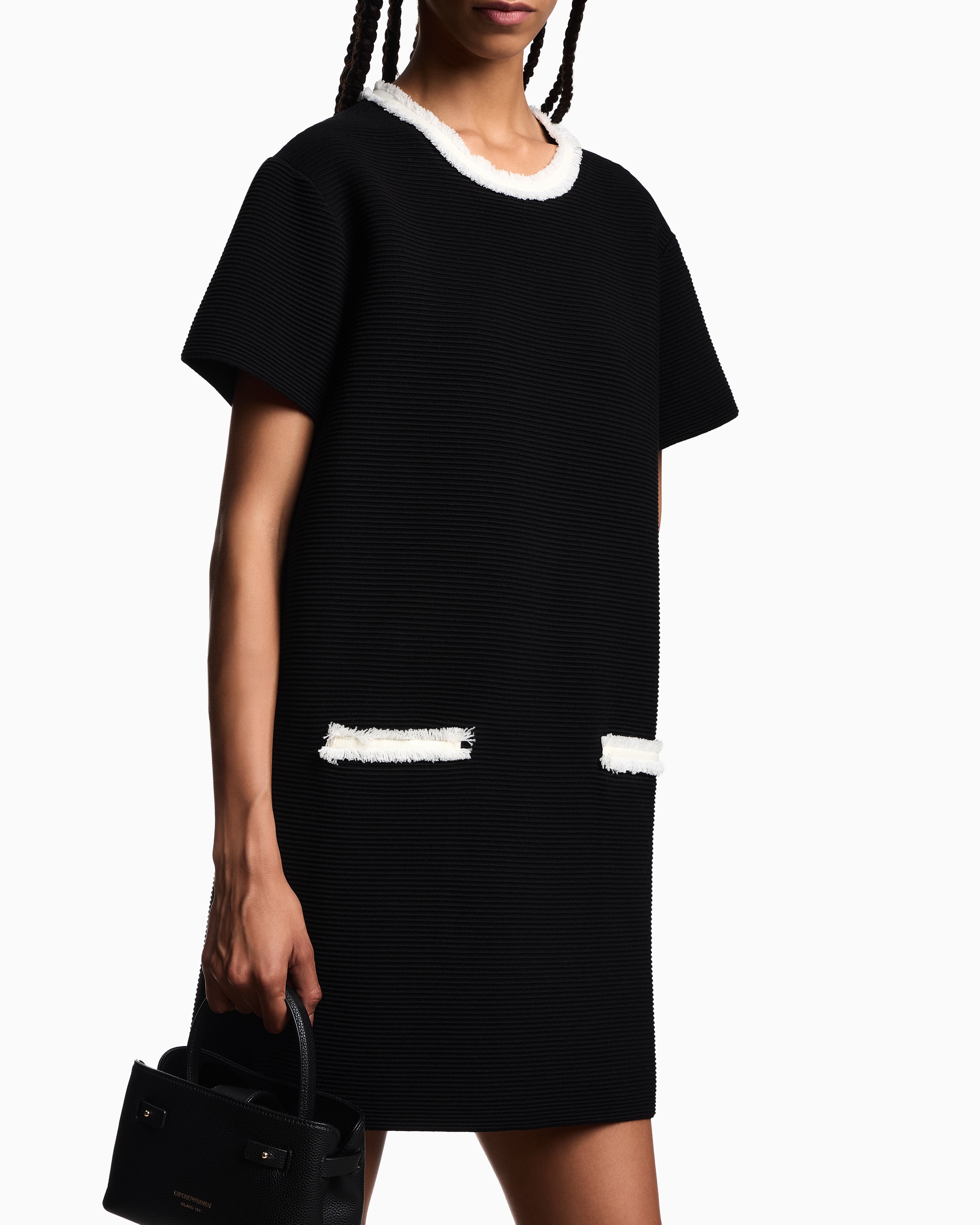 Emporio Armani Ottoman fabric dress with fringed details