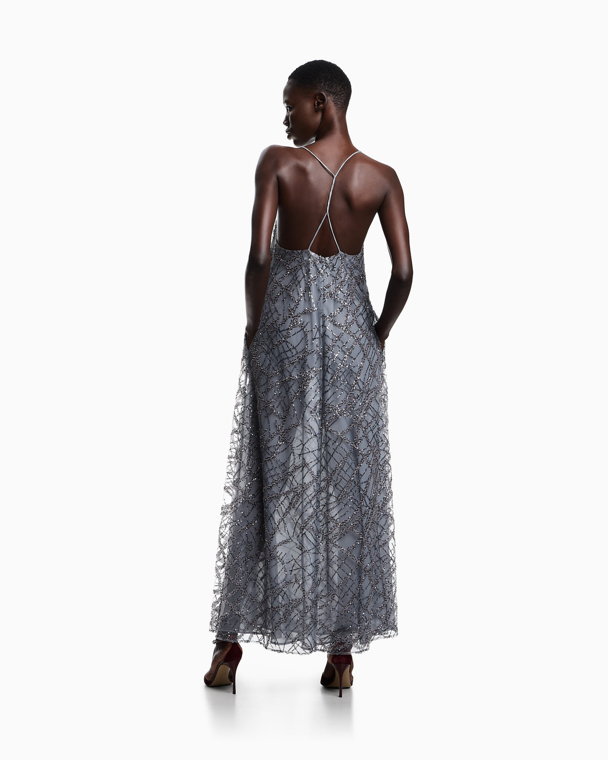 Emporio Armani Long tulle dress with all-over micro-sequin and jet embroidery