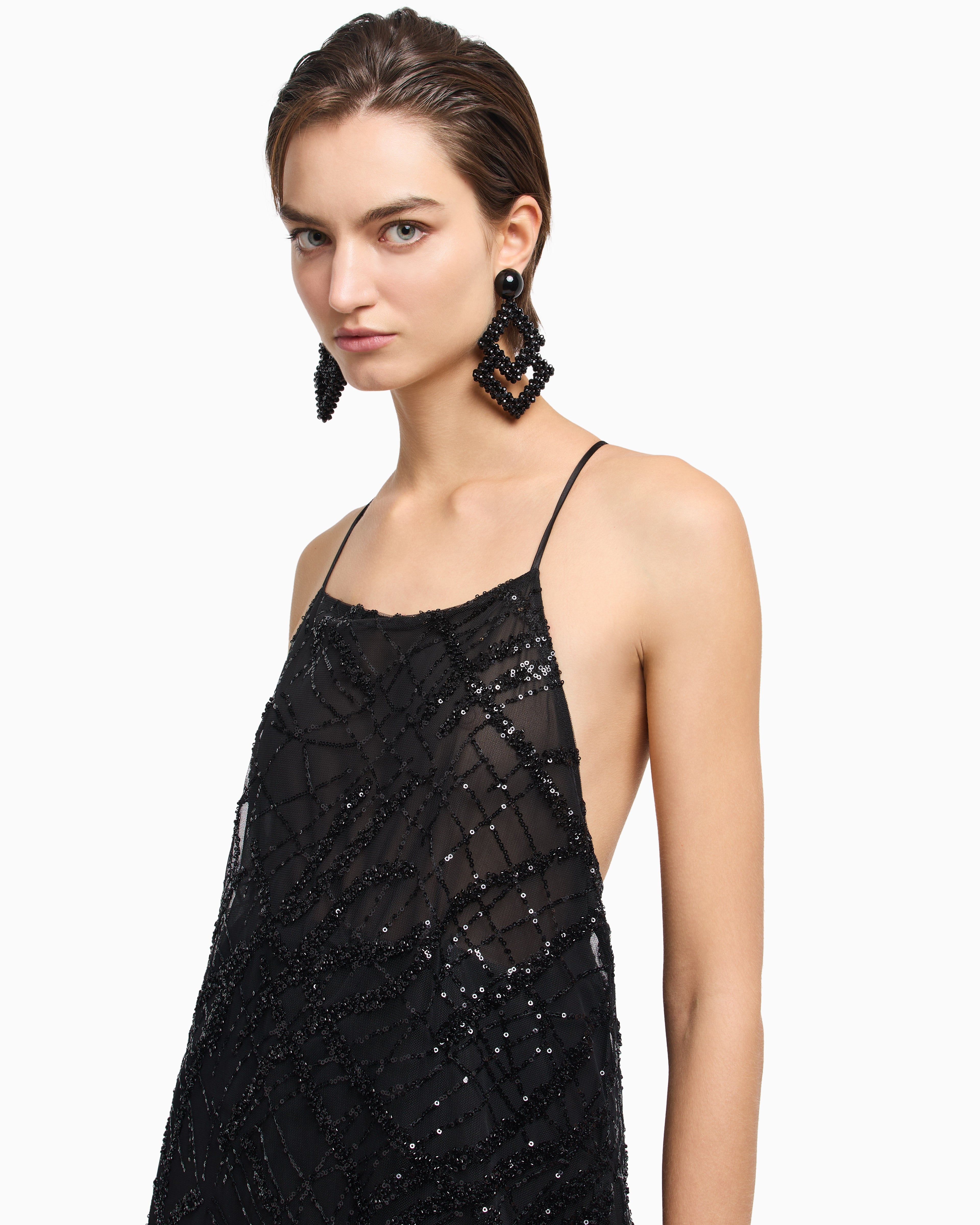 Emporio Armani Long tulle dress with all-over micro-sequin and jet embroidery