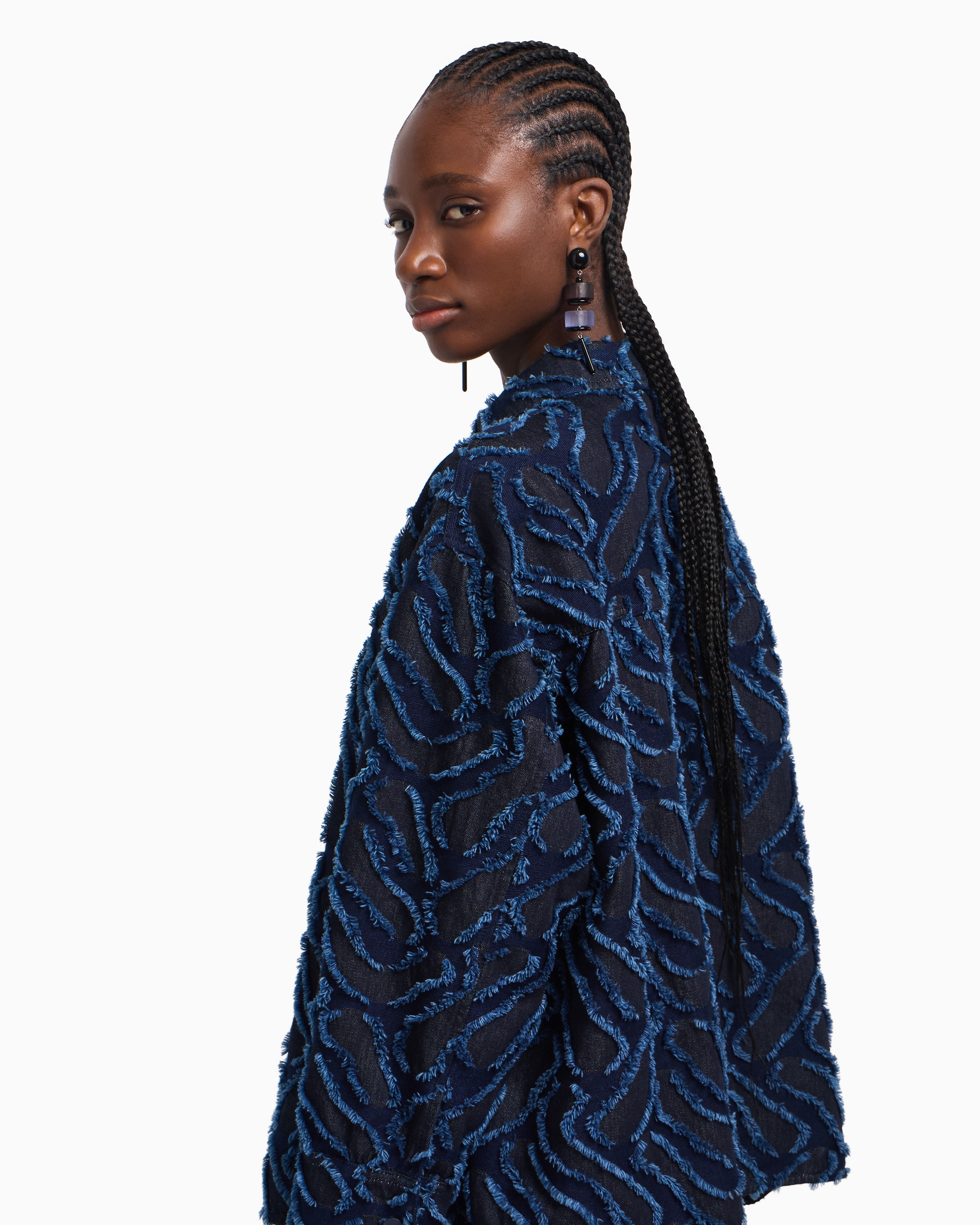 Emporio Armani Fringed embossed-motif jacquard denim shirt jacket