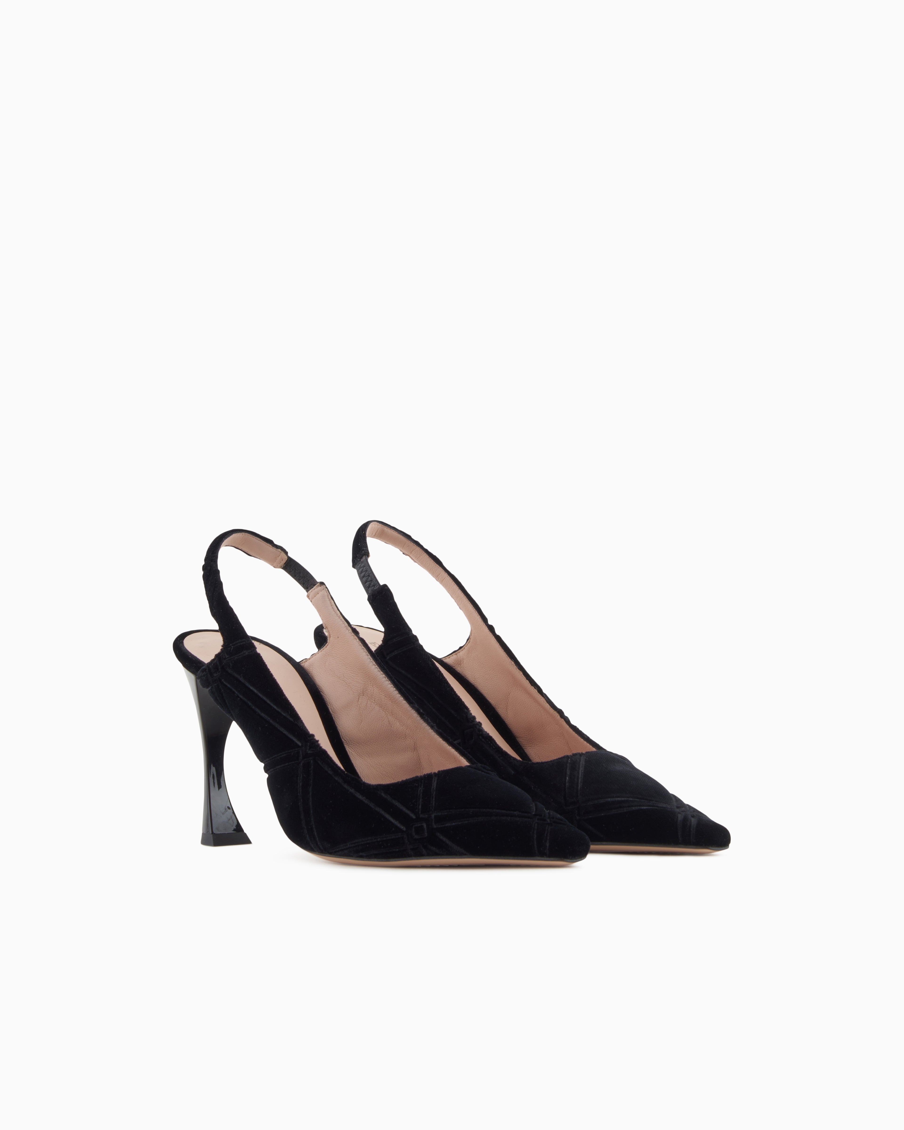 Emporio Armani Embossed Motif Velvet Slingback Court Shoes Black