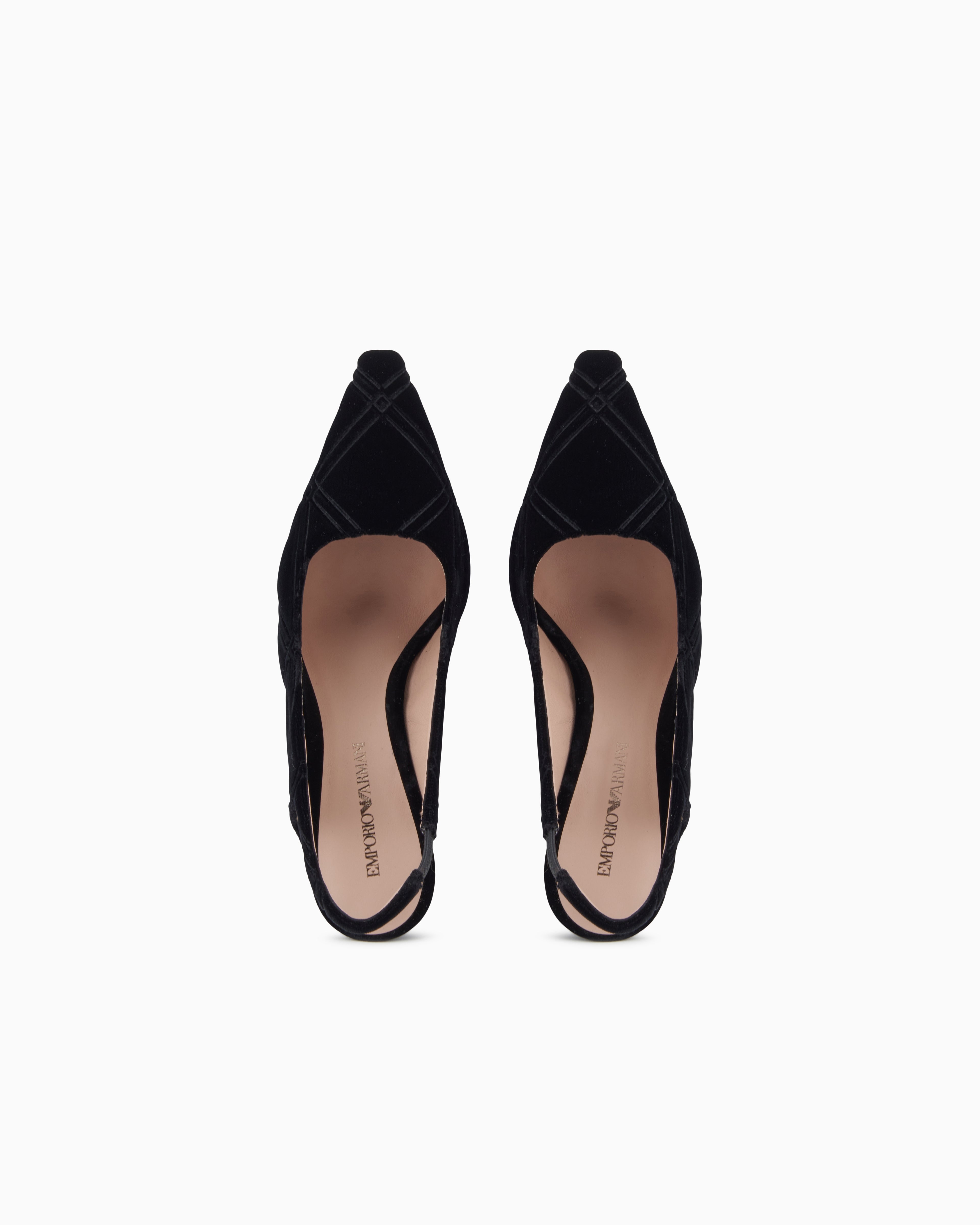 Emporio Armani Embossed Motif Velvet Slingback Court Shoes Black