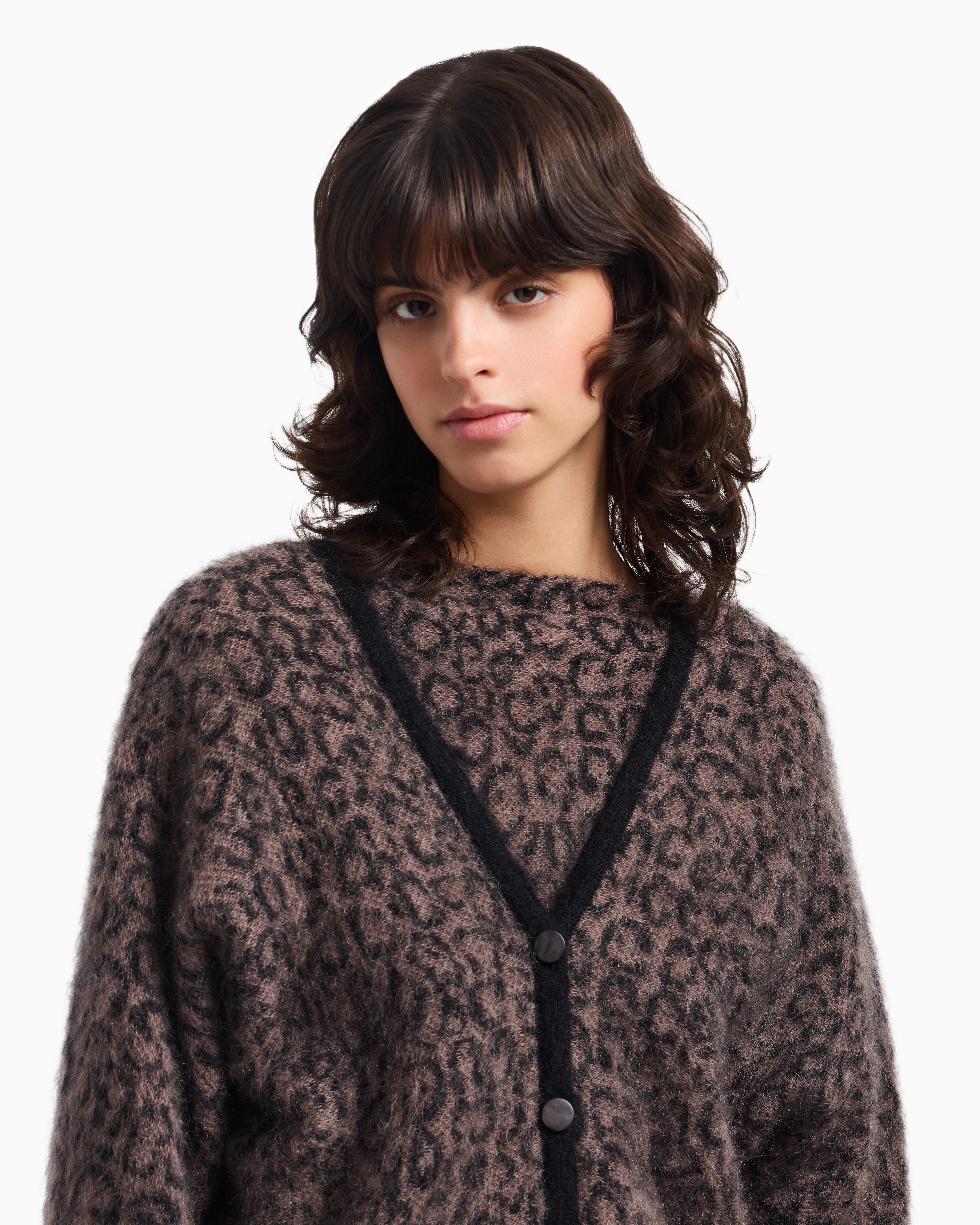 Emporio Armani V-neck cardigan in jacquard wool-mohair blend with an all-over pattern