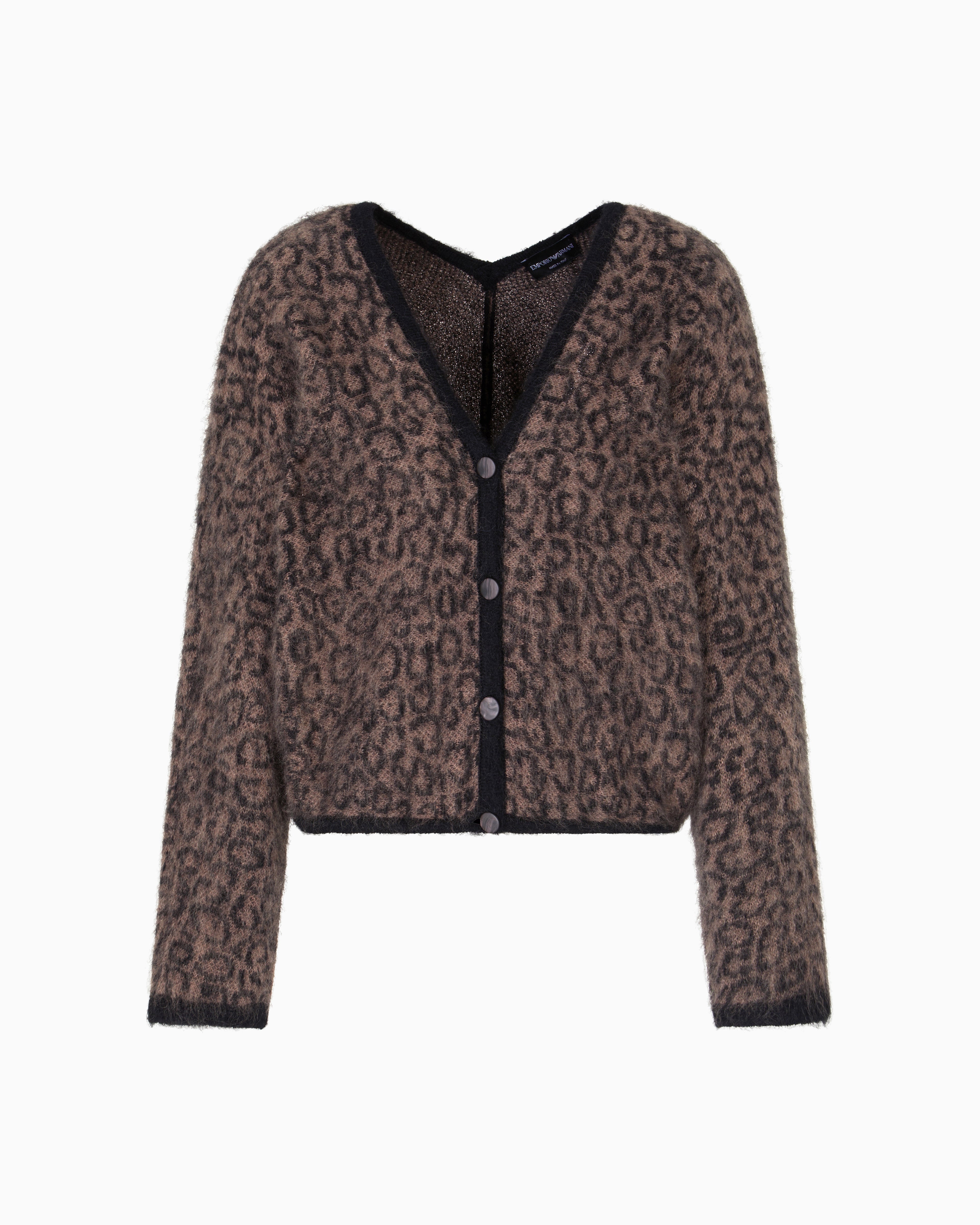Emporio Armani V-neck cardigan in jacquard wool-mohair blend with an all-over pattern