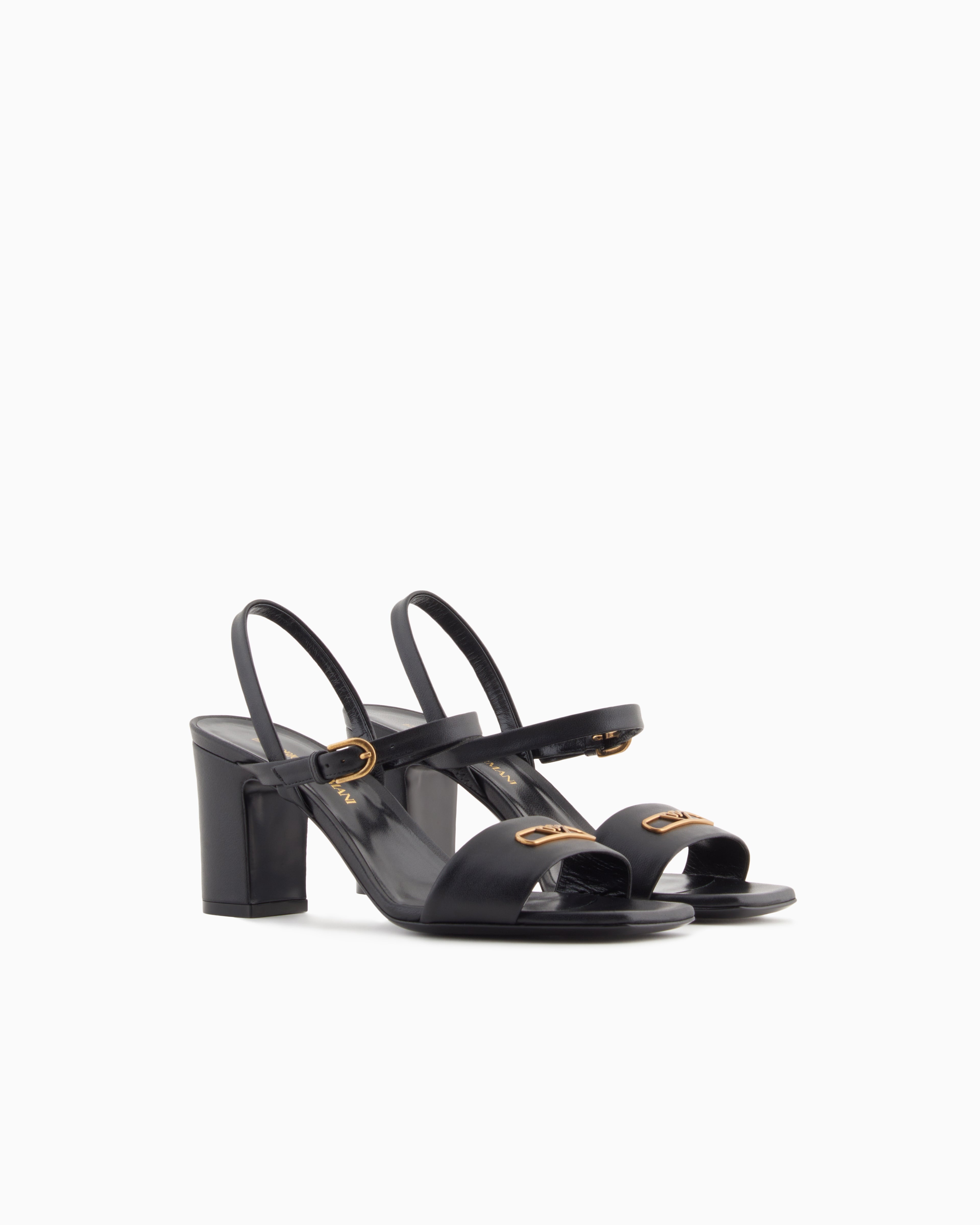 Emporio Armani Nappa-Leather Heeled Sandals With Eagle Plate Black