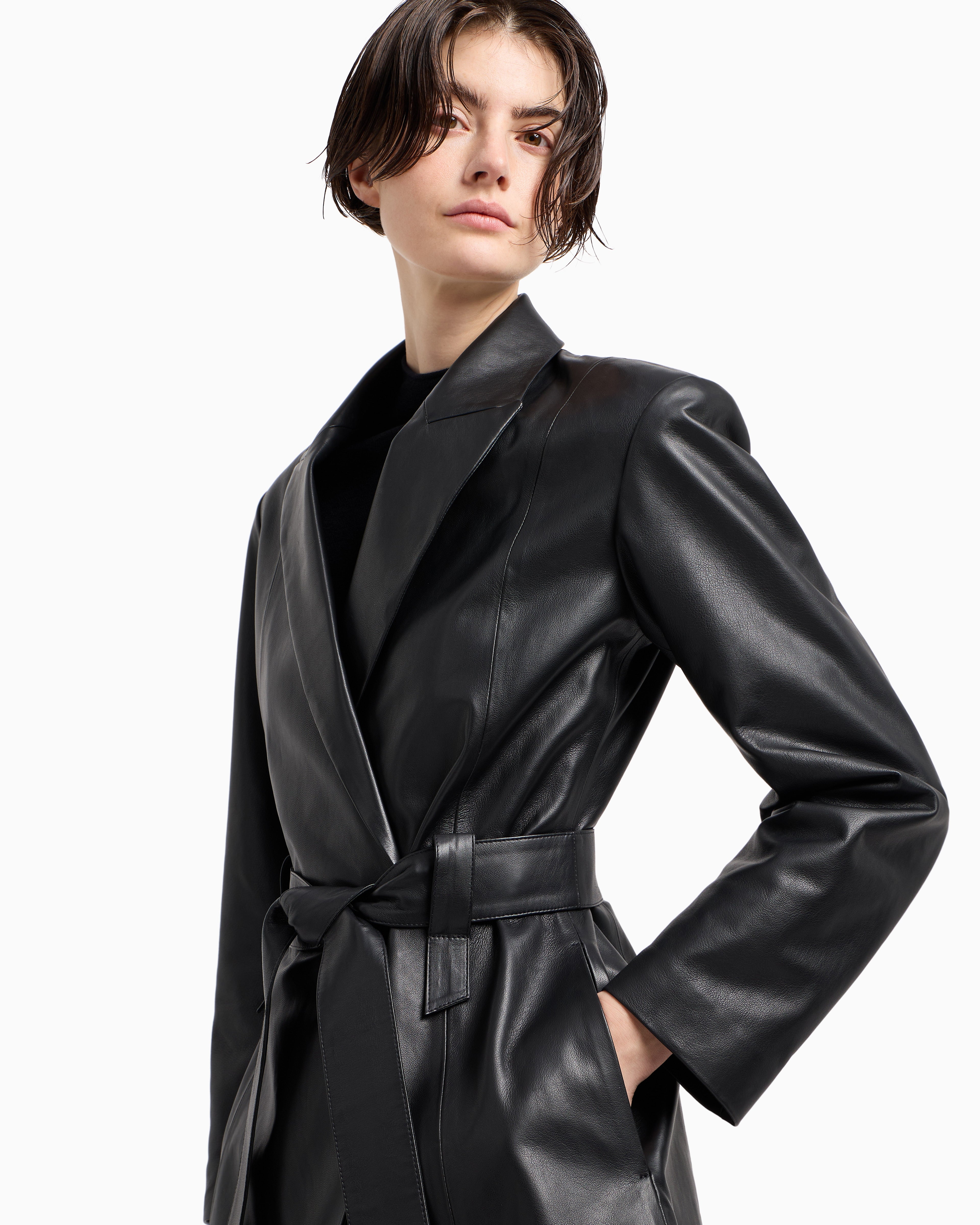 Emporio Armani Polygon capsule collection lambskin nappa leather jacket with belt