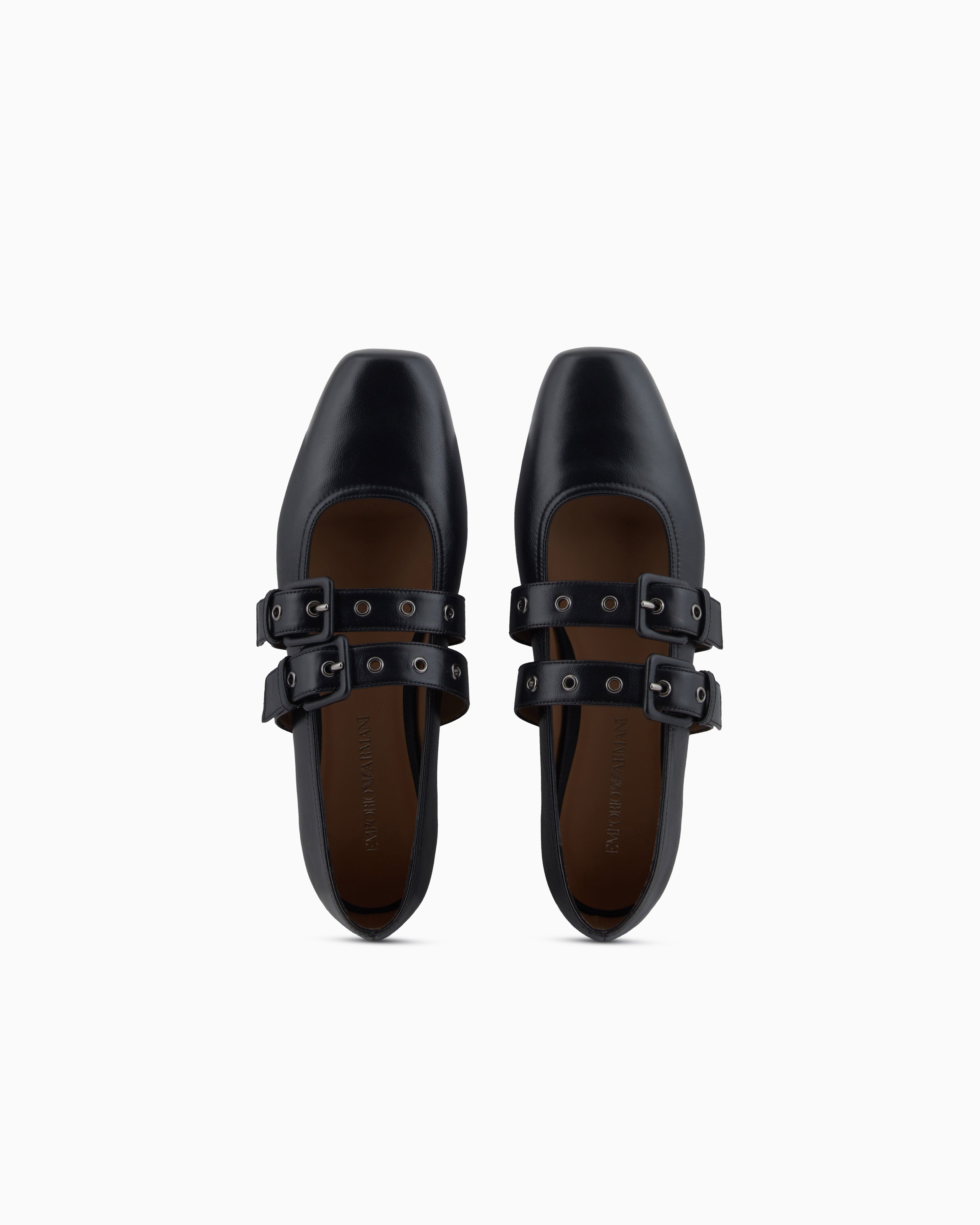 Emporio Armani Nappa-Leather Square-Toed Ballerinas With Double Strap Black