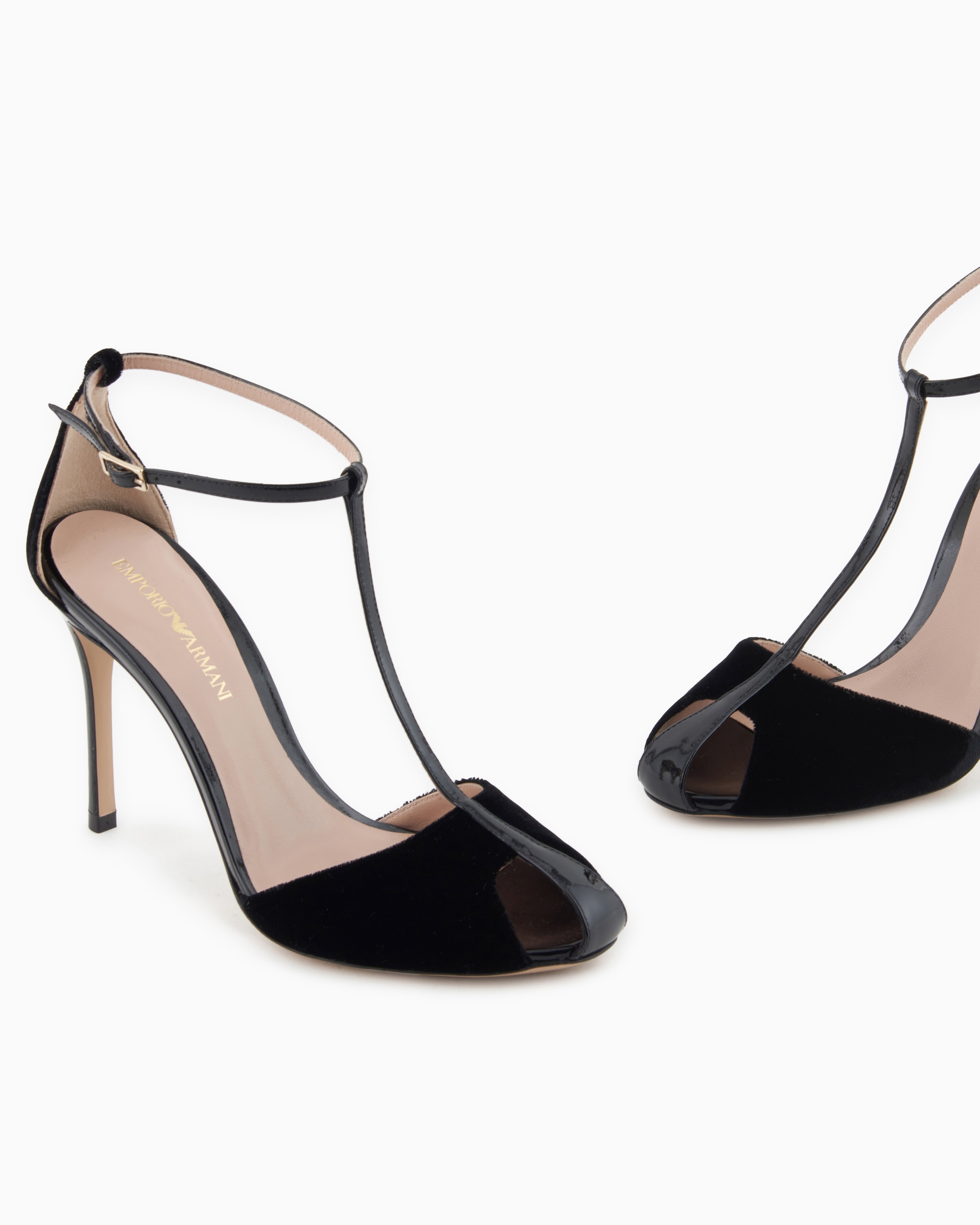 Emporio Armani Velvet And Patent-Leather T-Bar Heeled Sandals Black